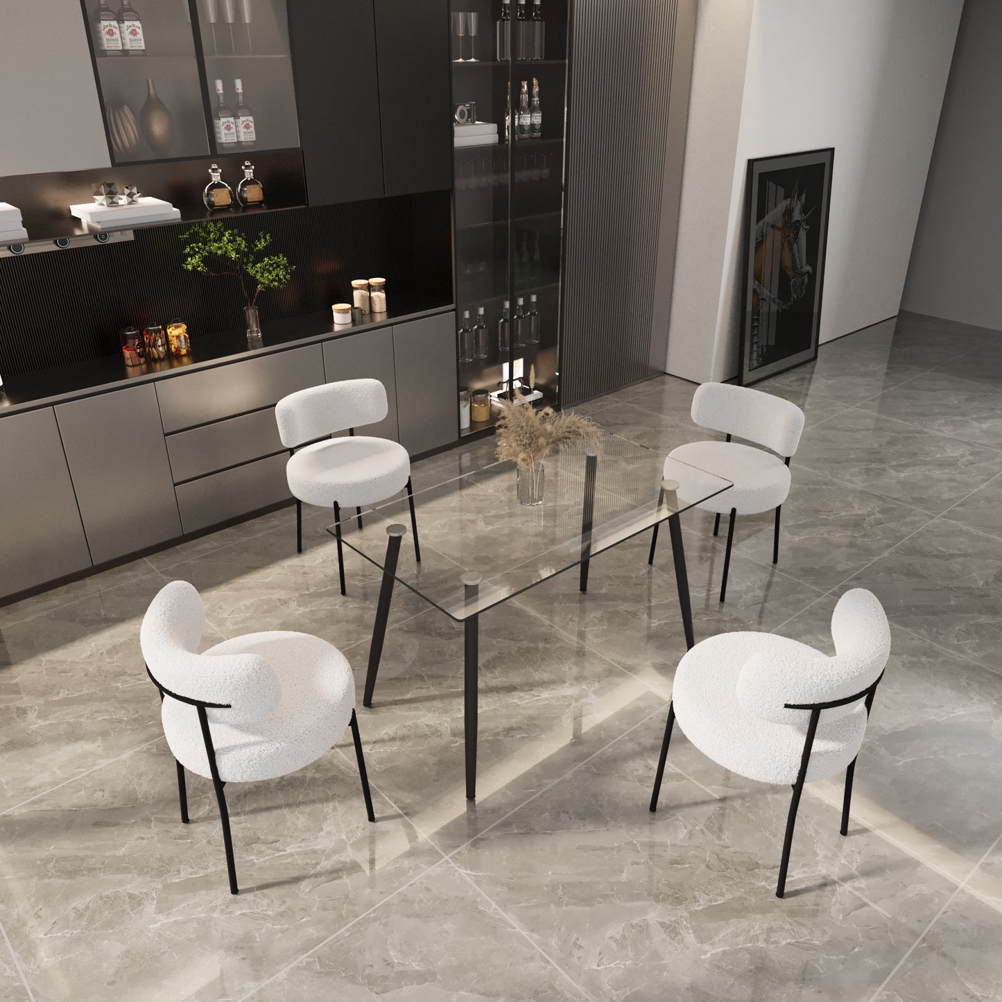 White boucle dining chair with black metal legs contemporary style