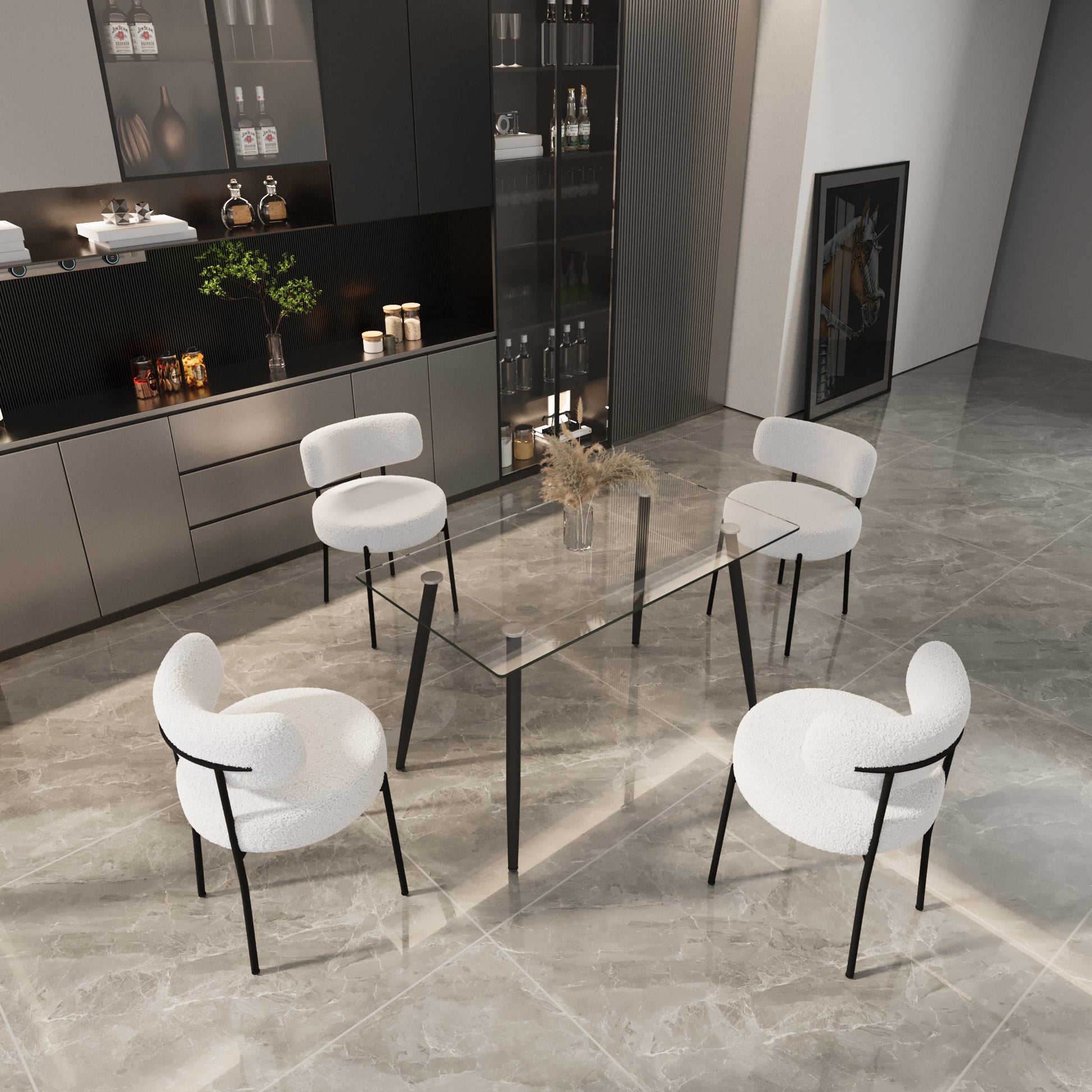 White boucle dining chair with black metal legs contemporary style