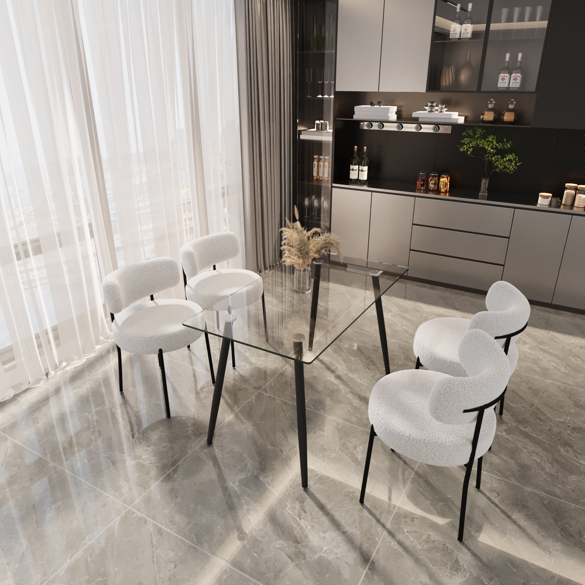Glass top dining table with black metal legs for modern kitchens