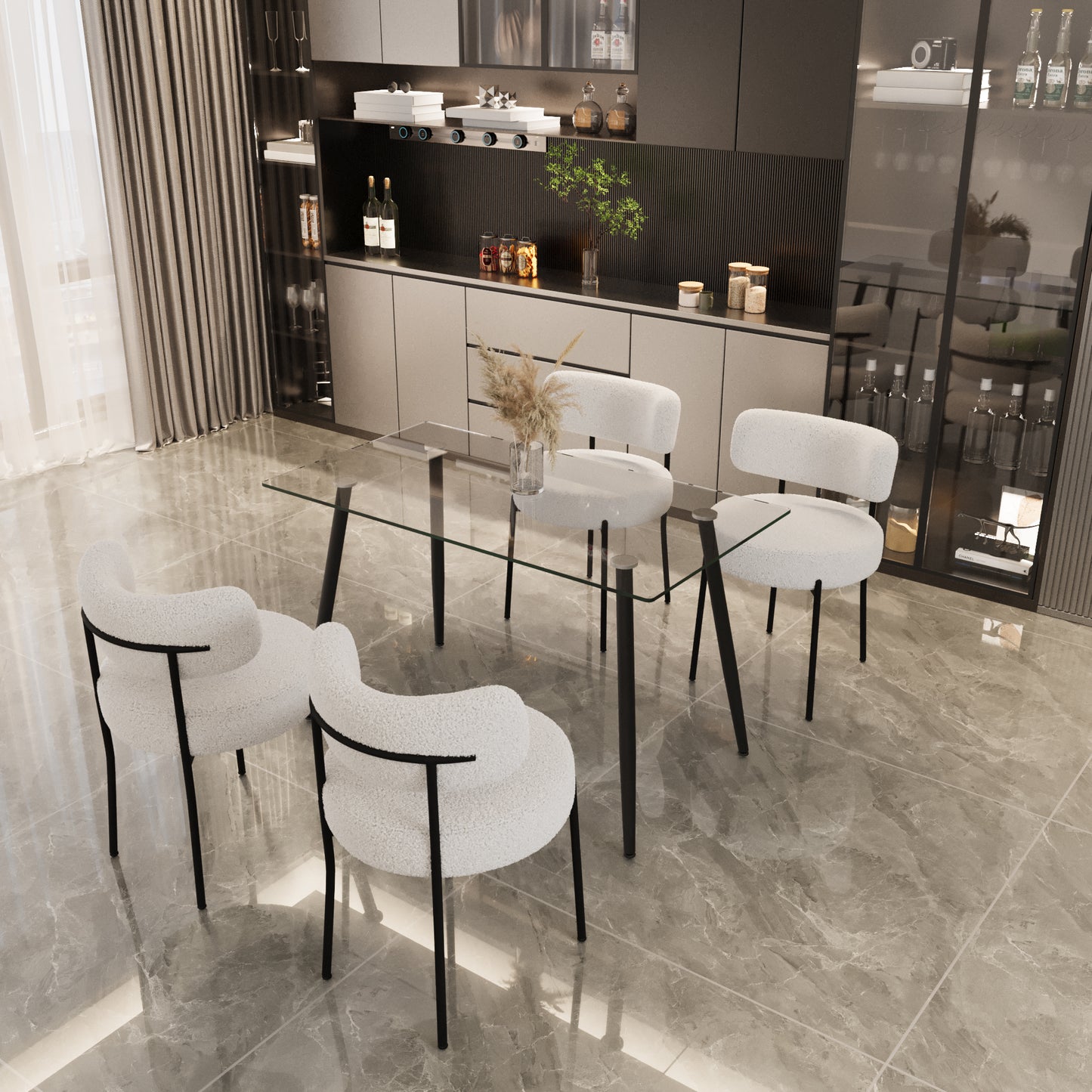 Plush white boucl dining chair with black metal legs perfect for a modern kitchen