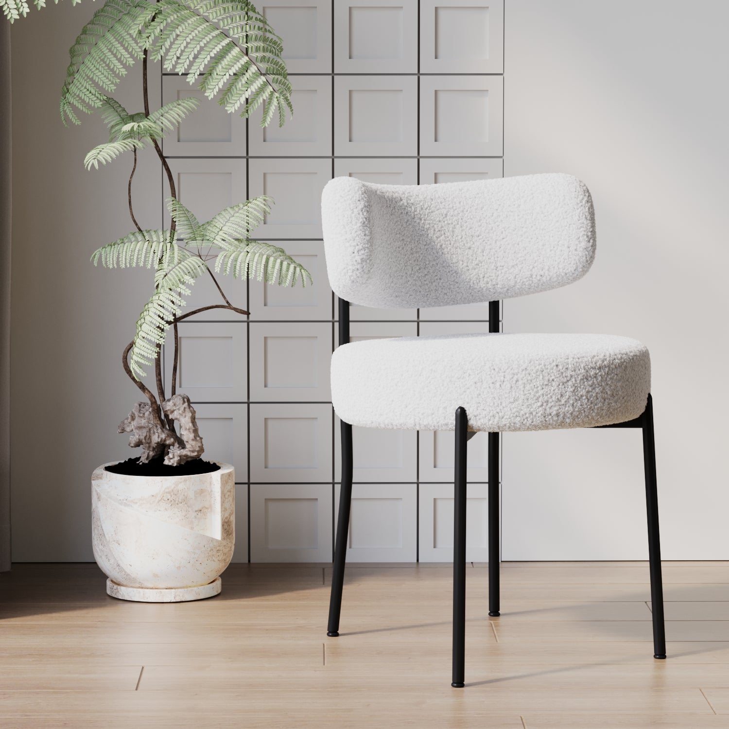 White boucle accent chair with black metal legs modern design