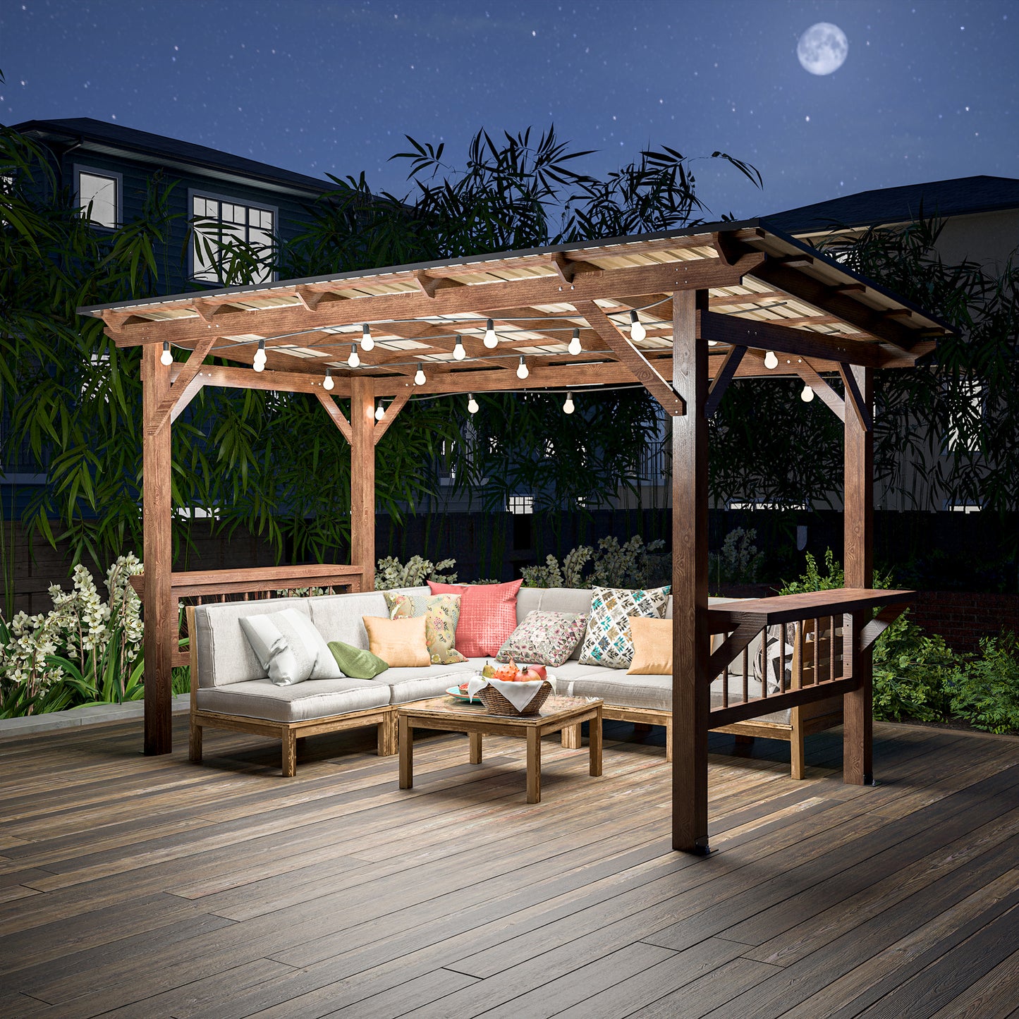 Wooden pergola with string lights and outdoor seating for relaxing evenings