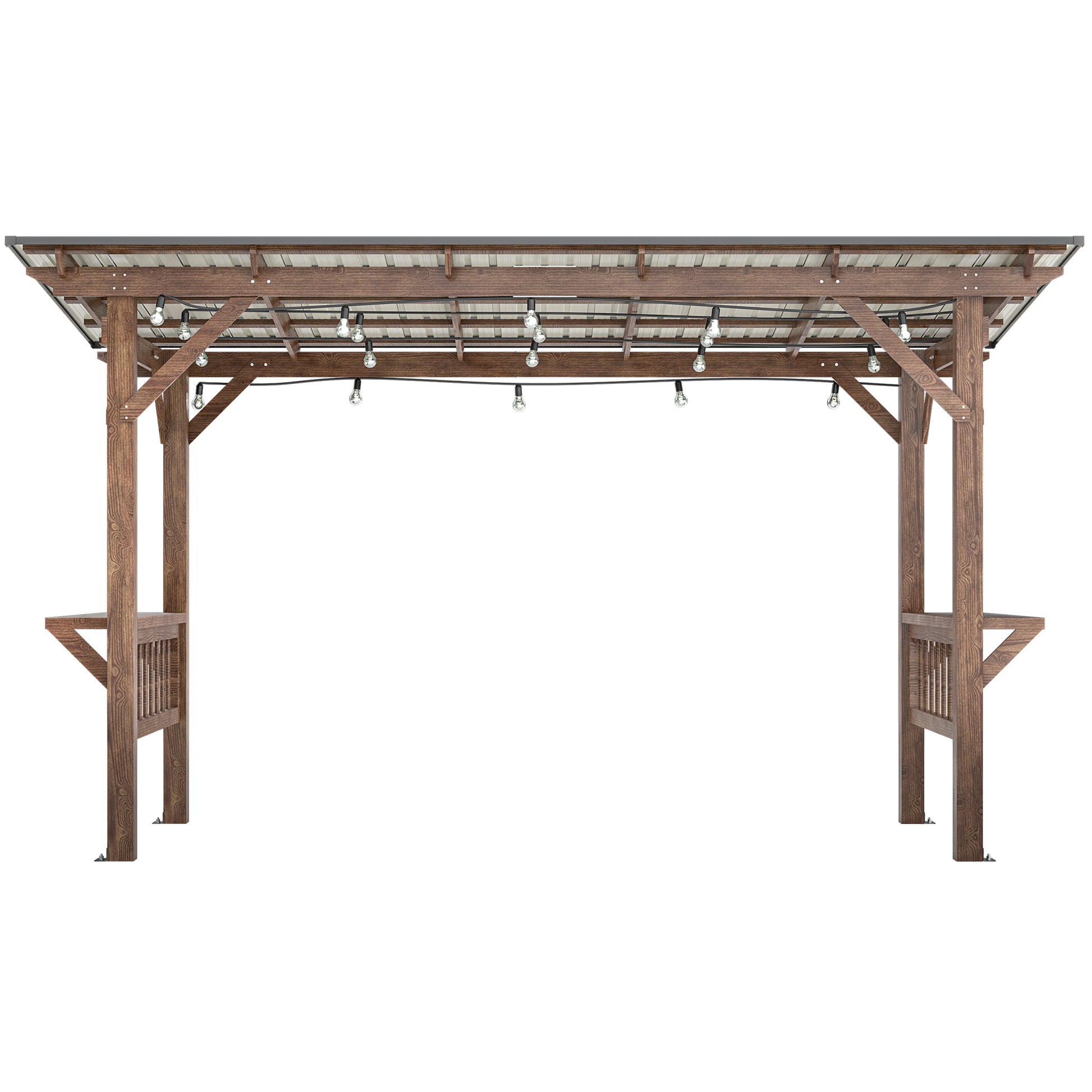 Dark wood pergola with metal roof and string lights for outdoor entertaining