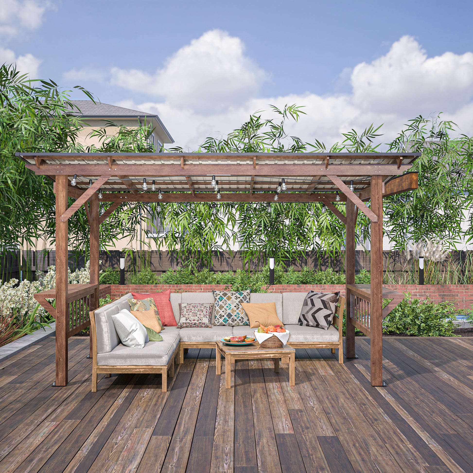 Wooden pergola with string lights and outdoor sectional sofa with colorful throw pillows