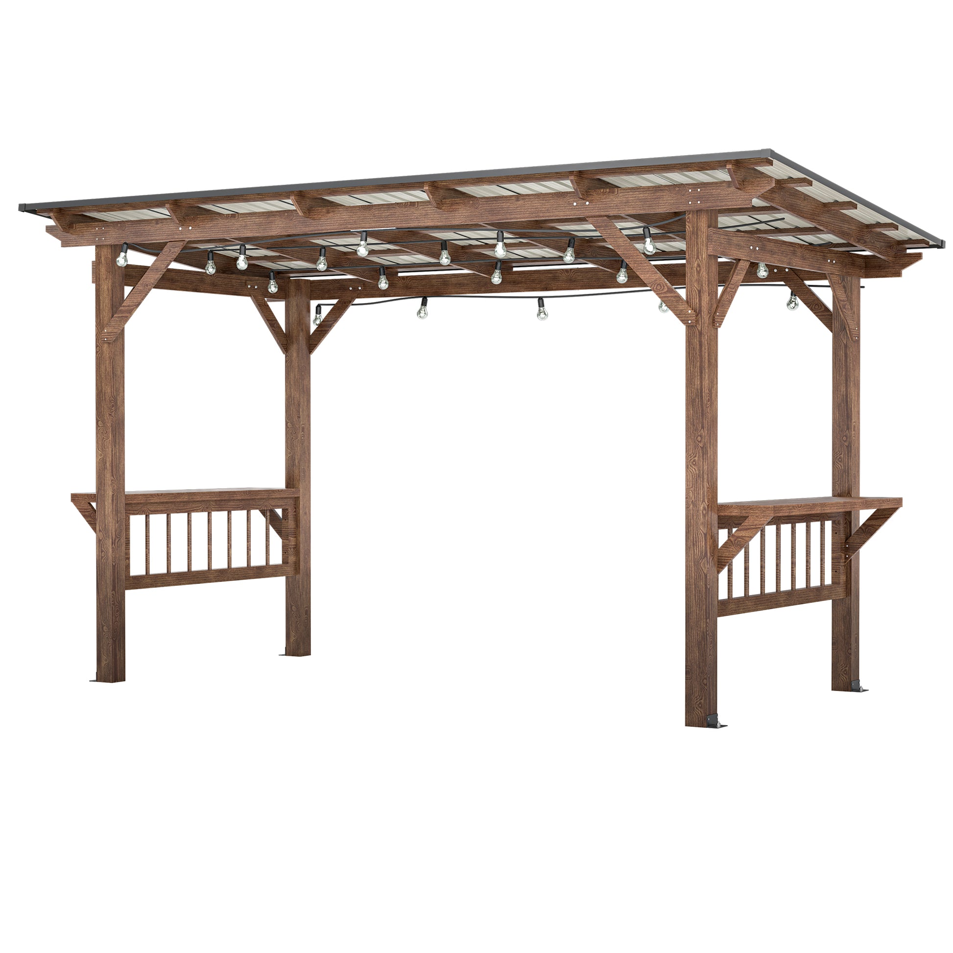 Wooden pergola with integrated bar counter and string lights for outdoor entertaining