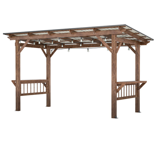 Wooden pergola with integrated bar counter and string lights for outdoor entertaining