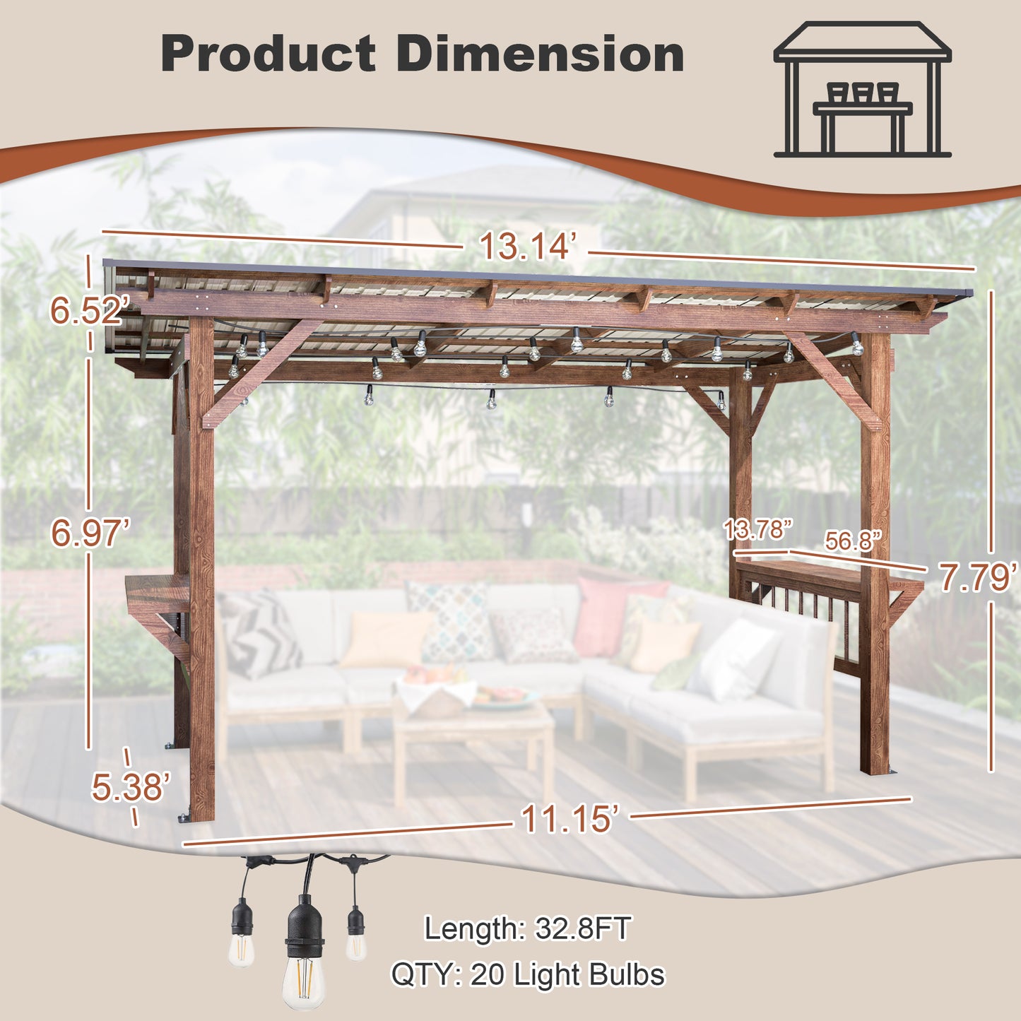 Wooden pergola with integrated bar counter and string lights  ft wide