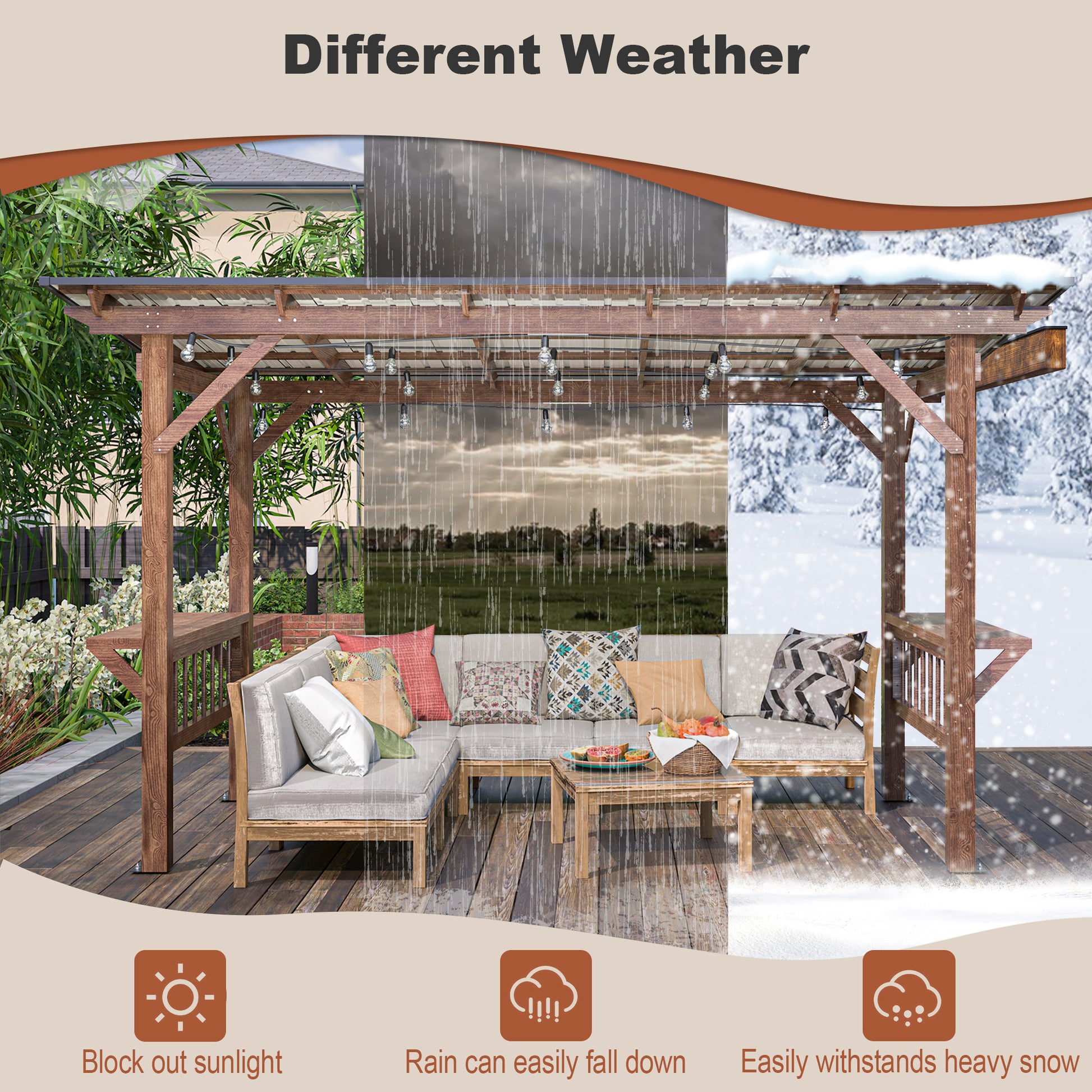 Wooden patio pergola with seating ideal for outdoor relaxation in sun rain and snow