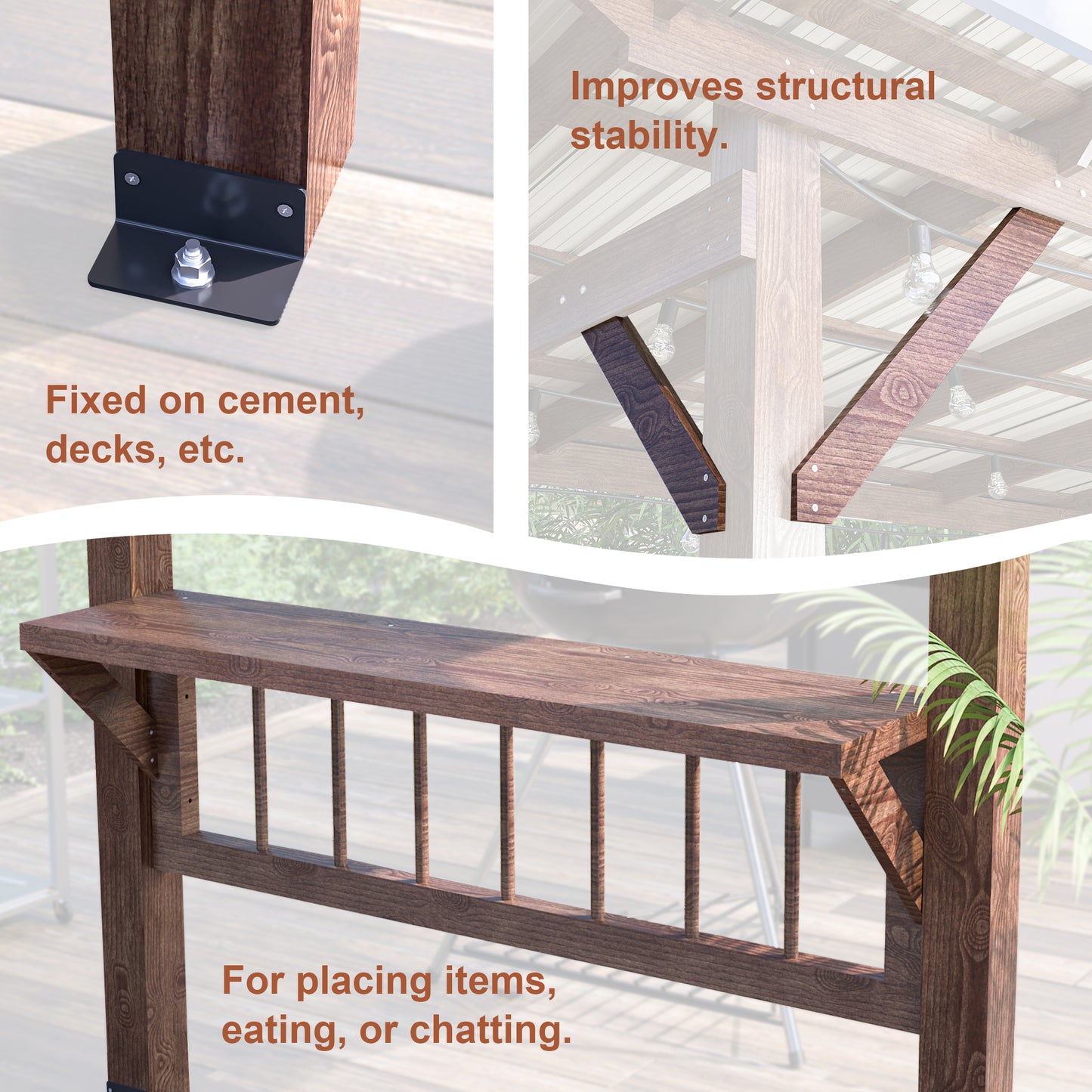 Black metal post anchor bracket secured to wooden post with bolts and screws