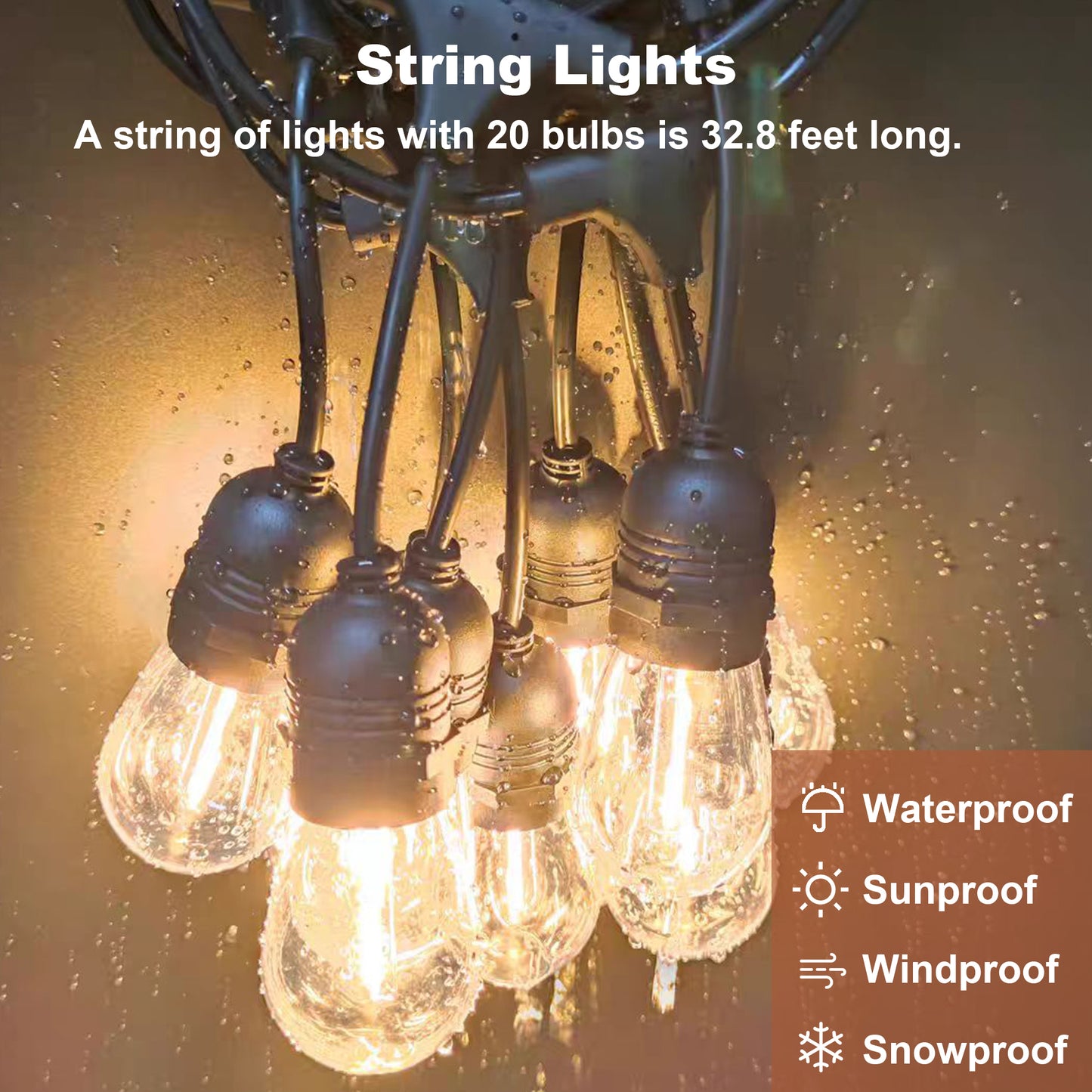 Close up of vintage Edison style string lights with clear bulbs and black sockets featuring water droplets