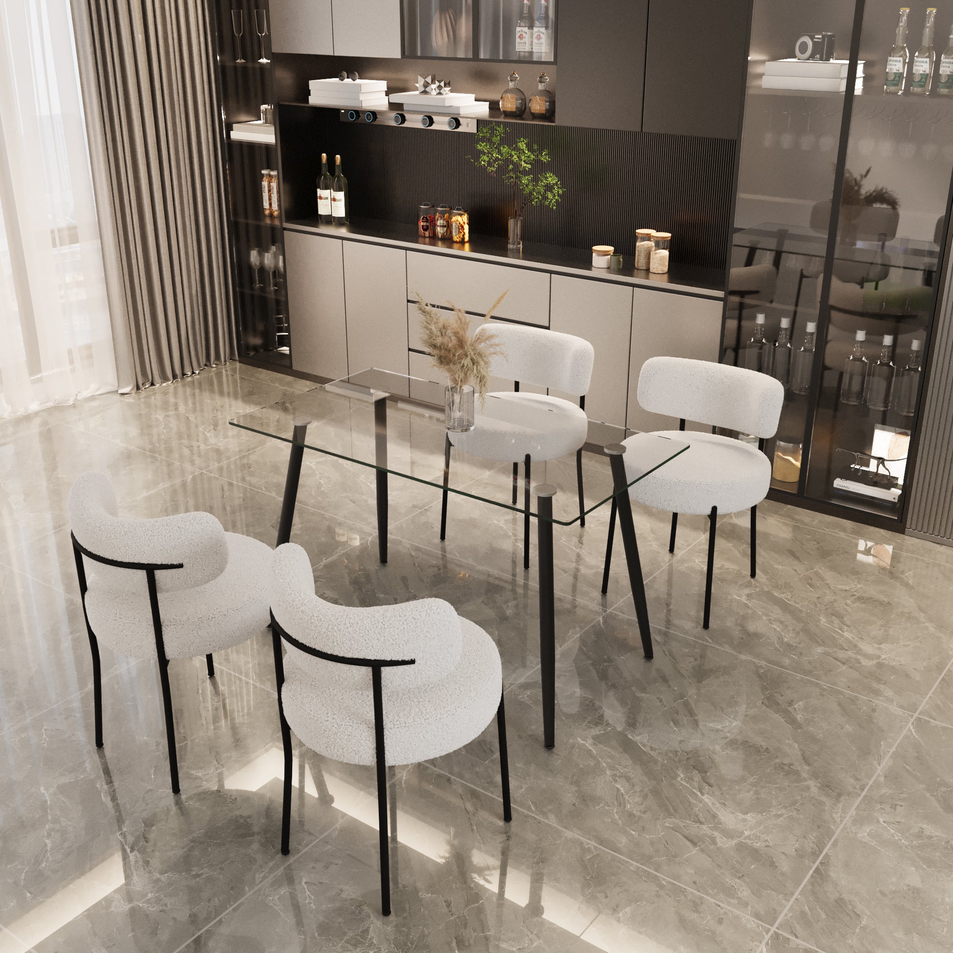 White boucl accent chair with black metal legs perfect for dining or living rooms