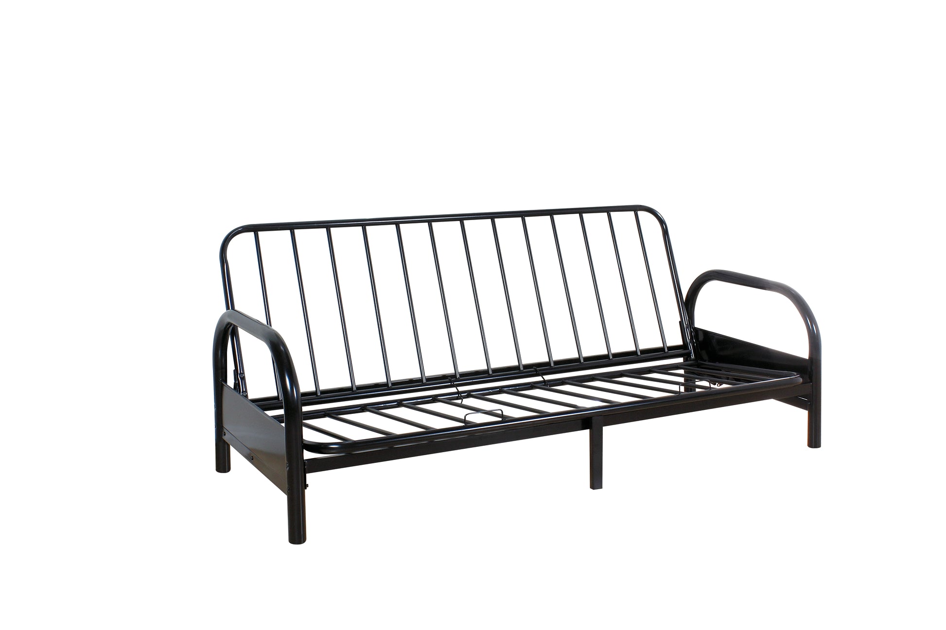 Black metal futon frame with slatted seat and back