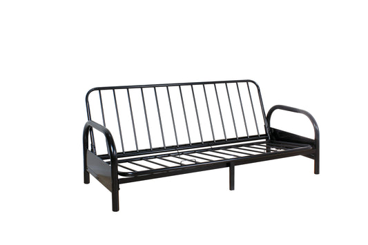 Black metal futon frame with slatted seat and back