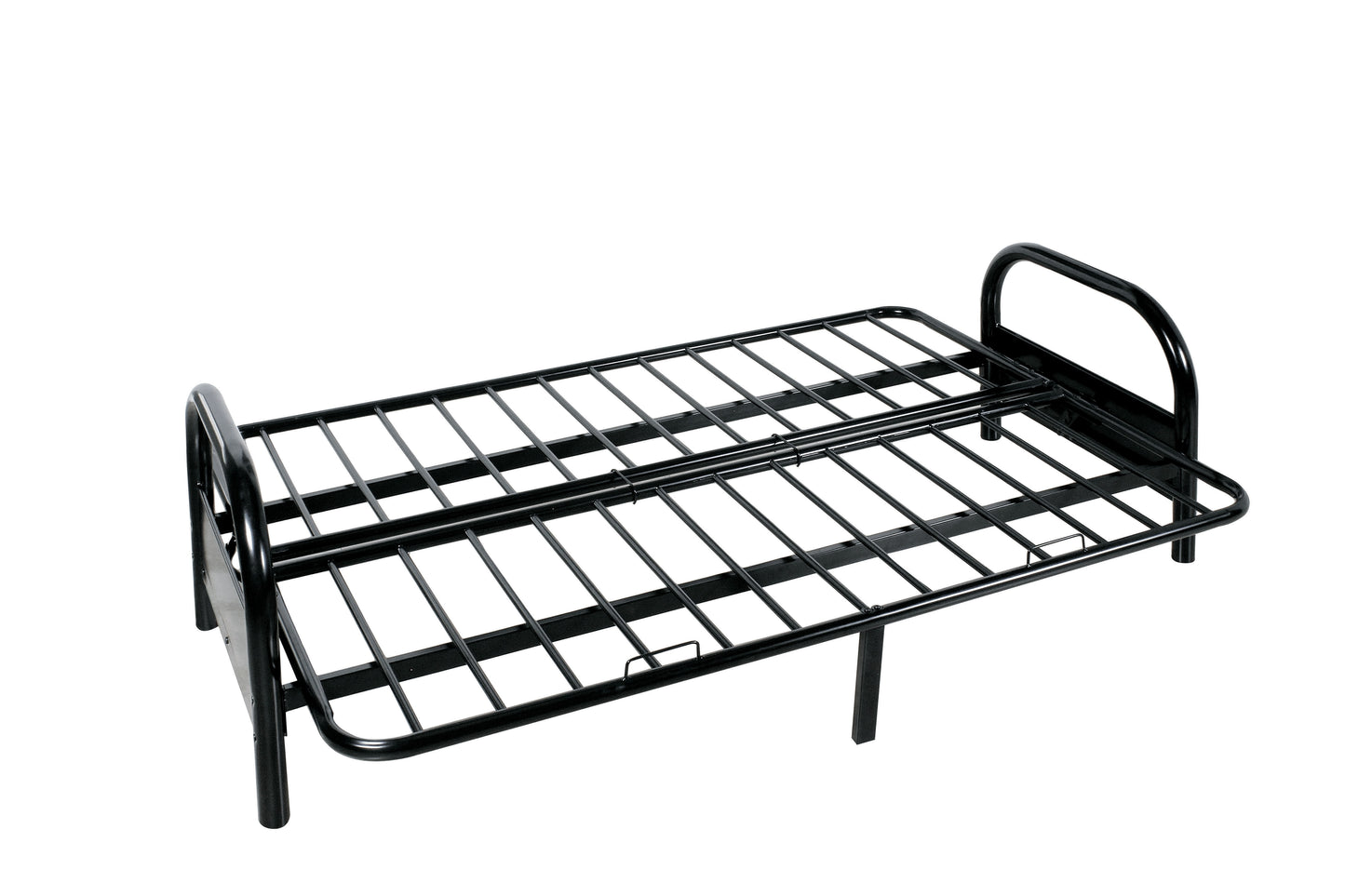 Black metal folding bed frame with sturdy support slats ideal for guest rooms
