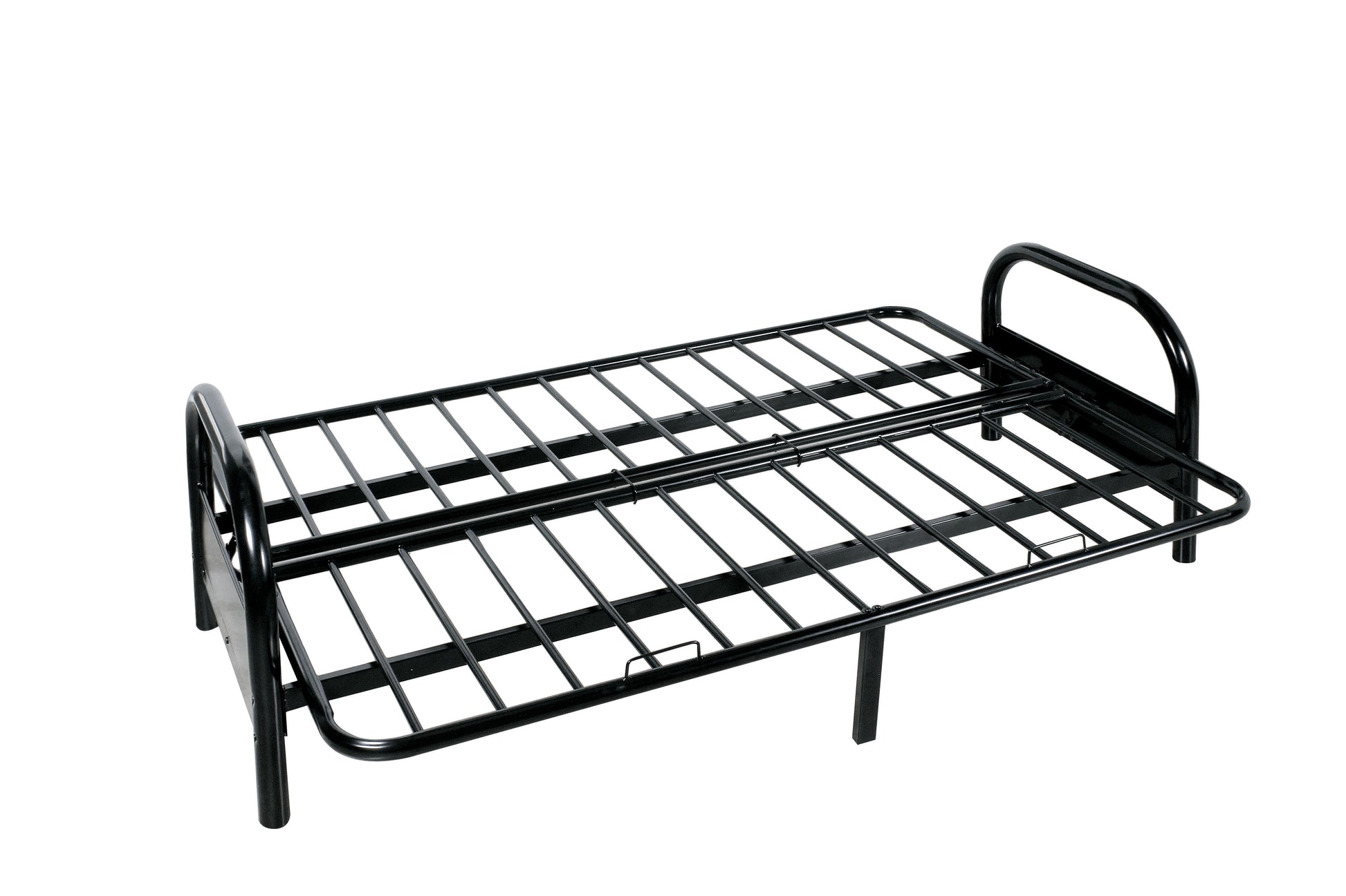 Black metal folding bed frame with sturdy support slats ideal for guest rooms