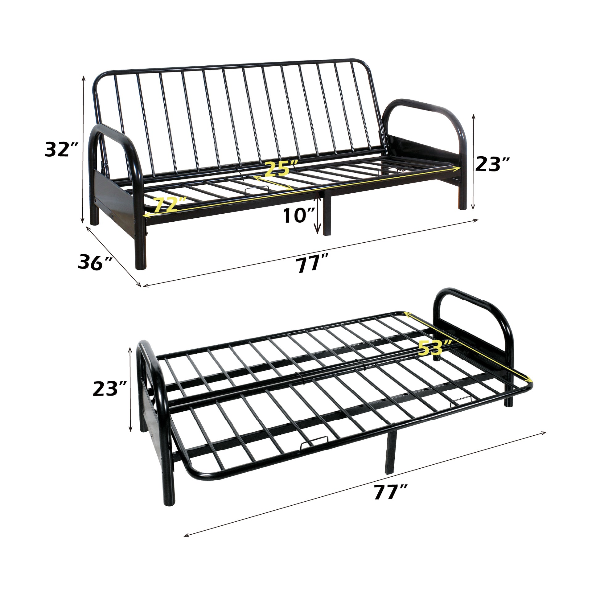 Black metal futon frame shown in sofa and bed configurations with dimensions  inches long and  inches high