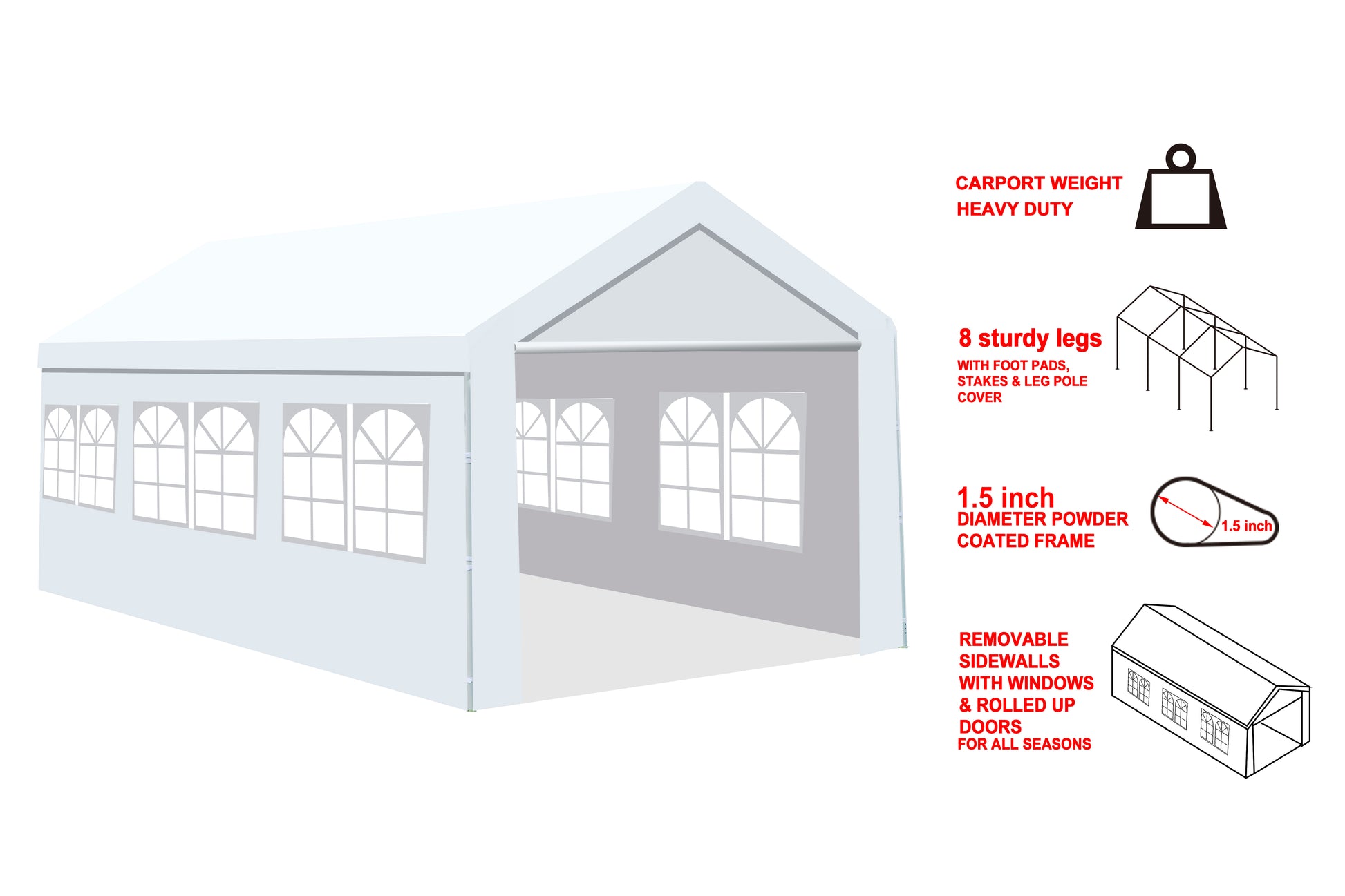 White heavy duty carport with arched windows and removable sidewalls