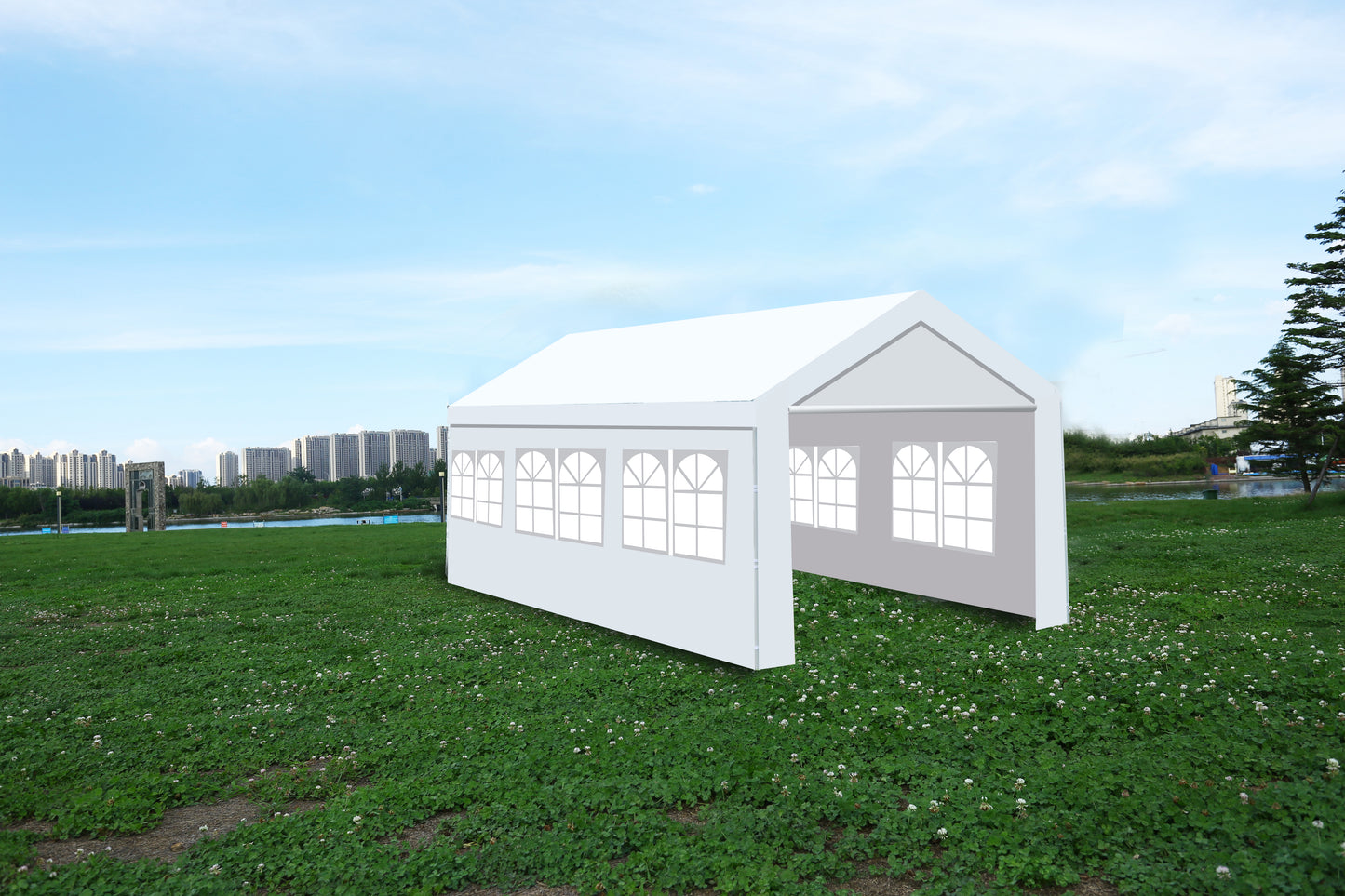 White x event tent with arched windows perfect for outdoor gatherings