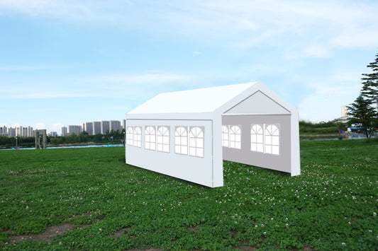 White x event tent with arched windows perfect for outdoor gatherings