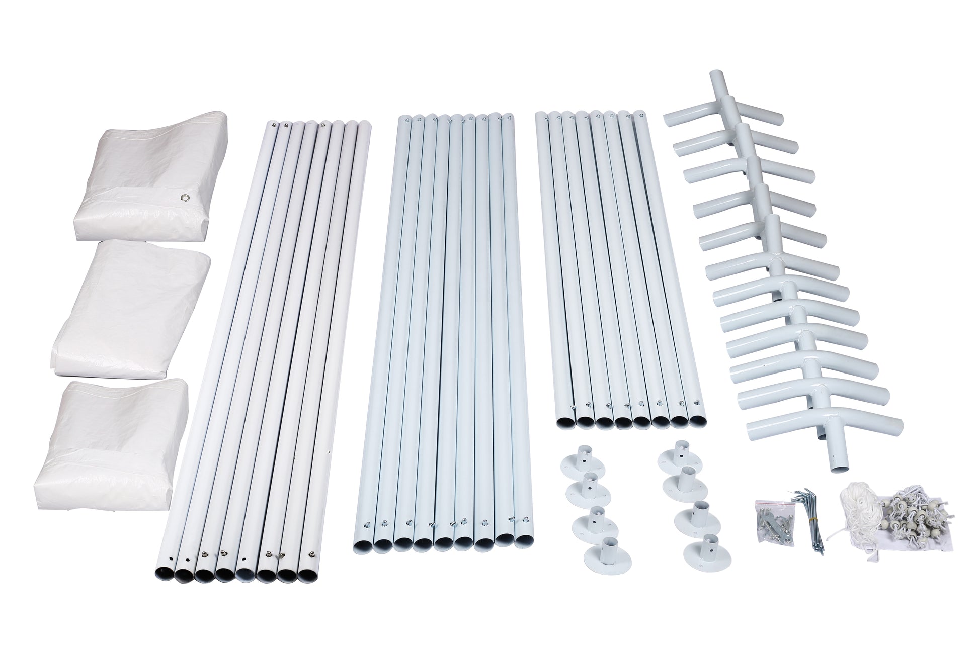 White steel tent poles and accessories laid out for assembly