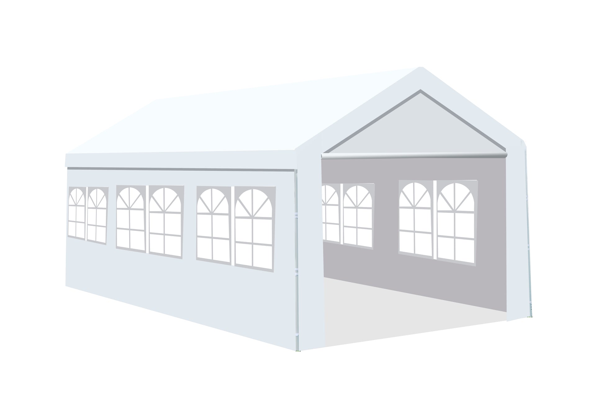 White event tent with arched windows ideal for outdoor gatherings