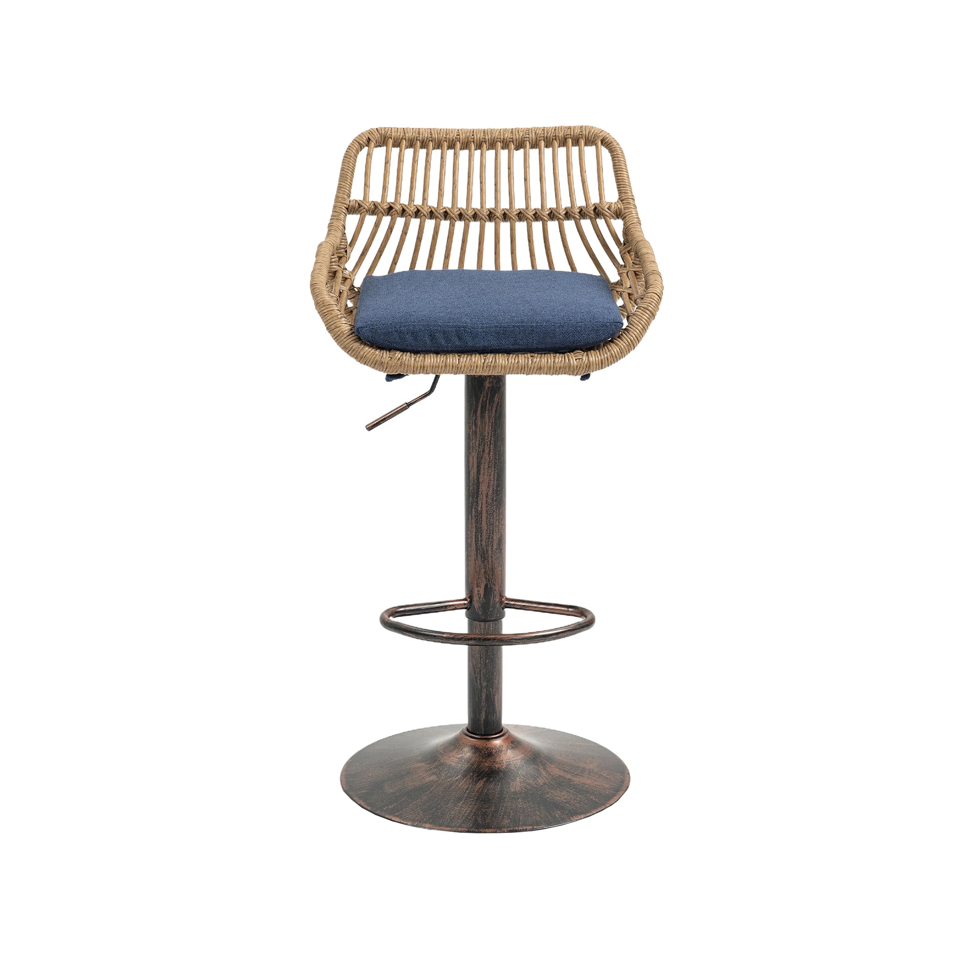 Wicker bar stool with adjustable height featuring a blue cushioned seat and bronze metal base
