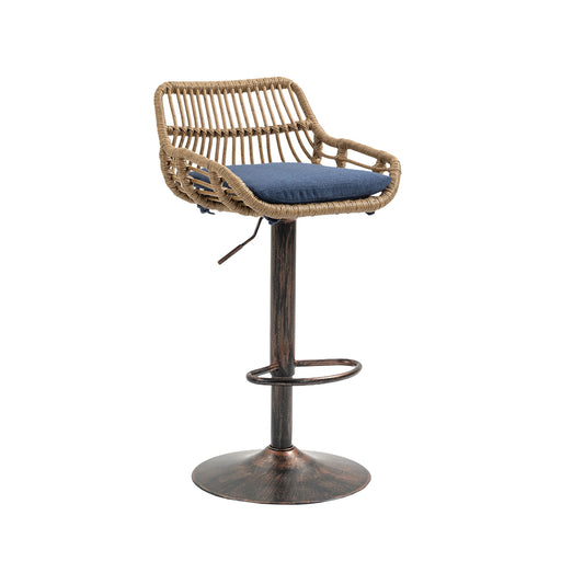 Woven rattan bar stool with blue cushion and adjustable bronze base