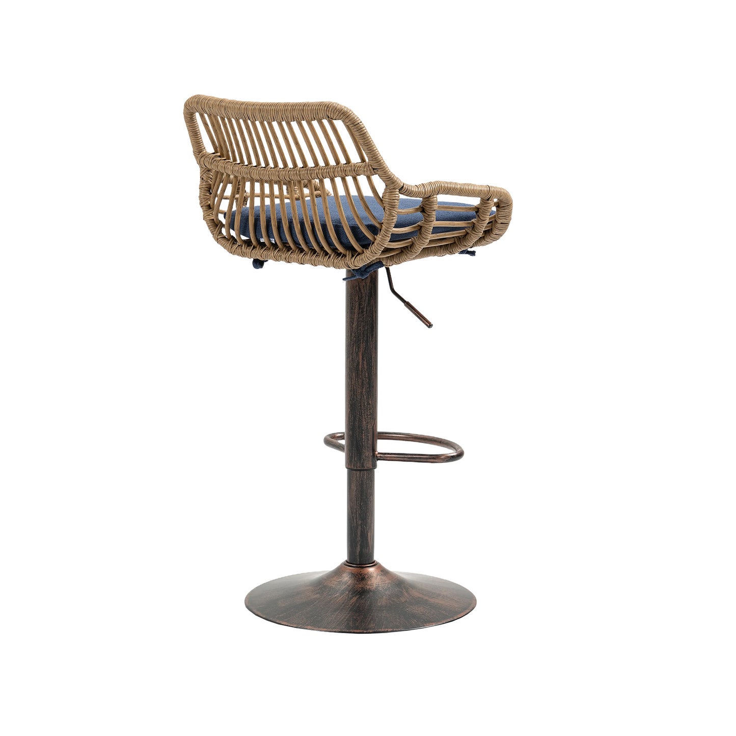 Woven rattan bar stool with blue seat cushion and adjustable bronze base