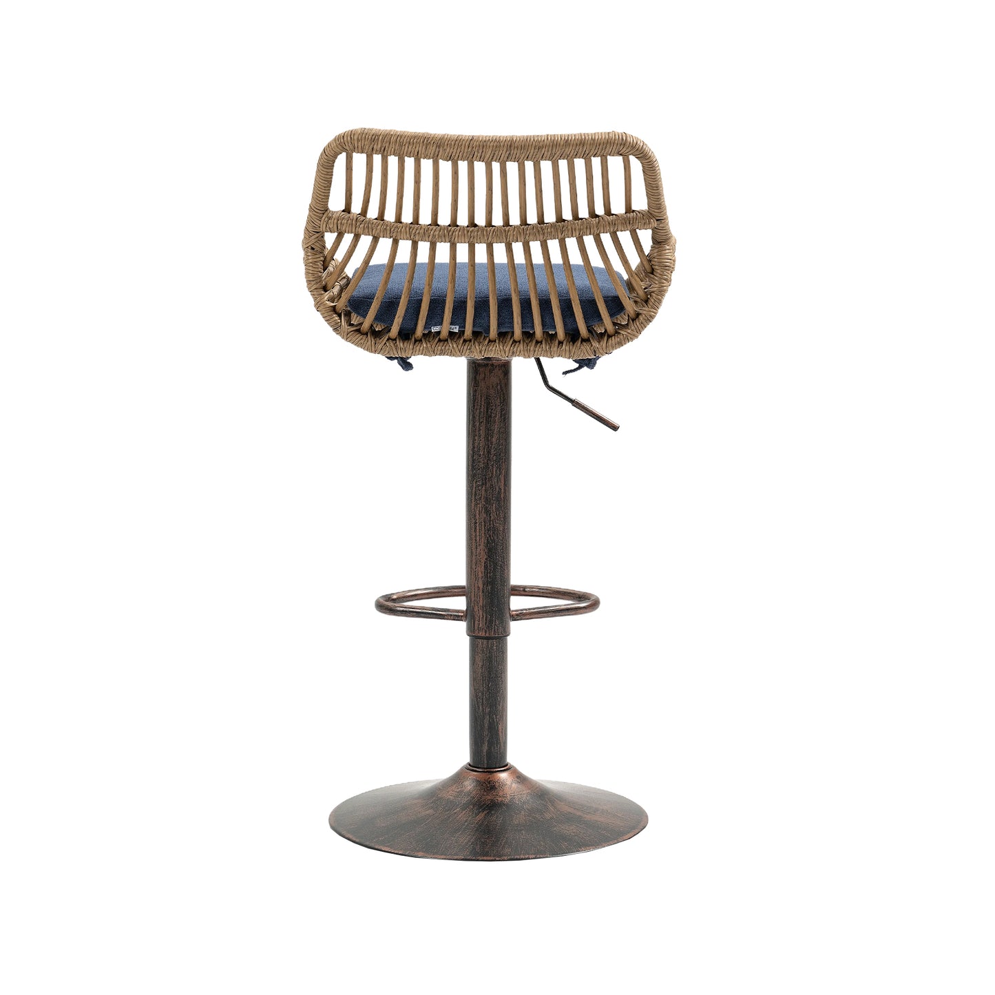 Adjustable rattan bar stool with a blue cushion and bronze base