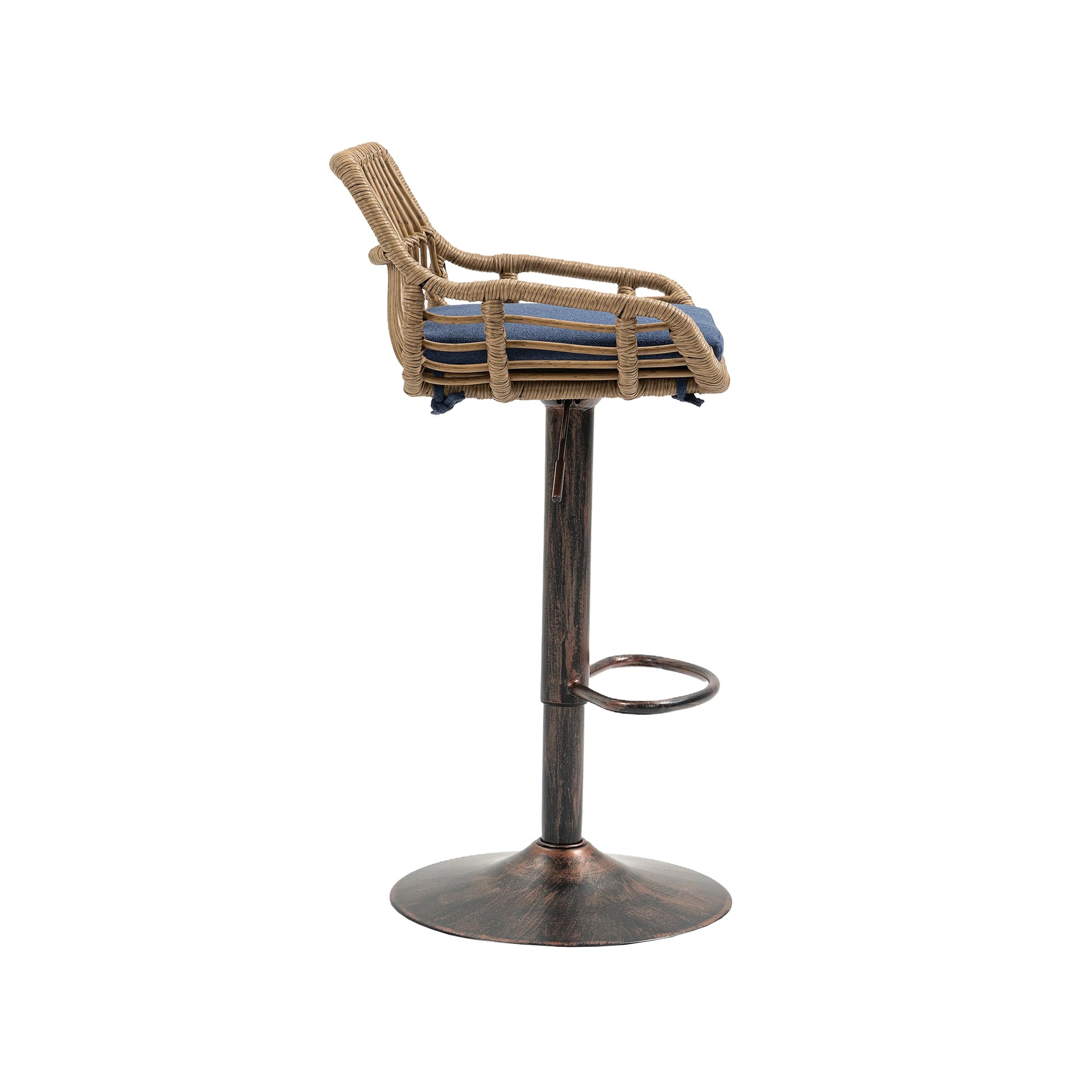 Wicker bar stool with blue cushioned seat and adjustable height base