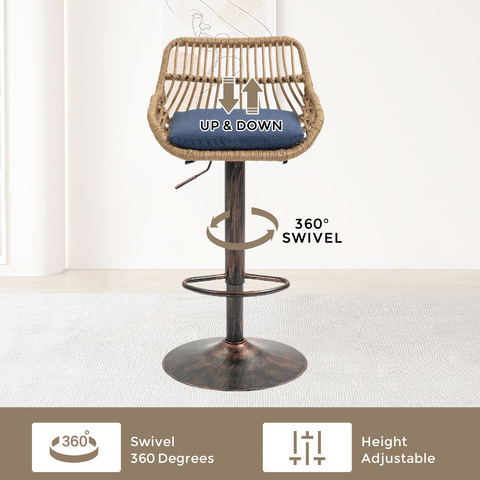 Wicker bar stool with navy blue cushion featuring adjustable height and  swivel