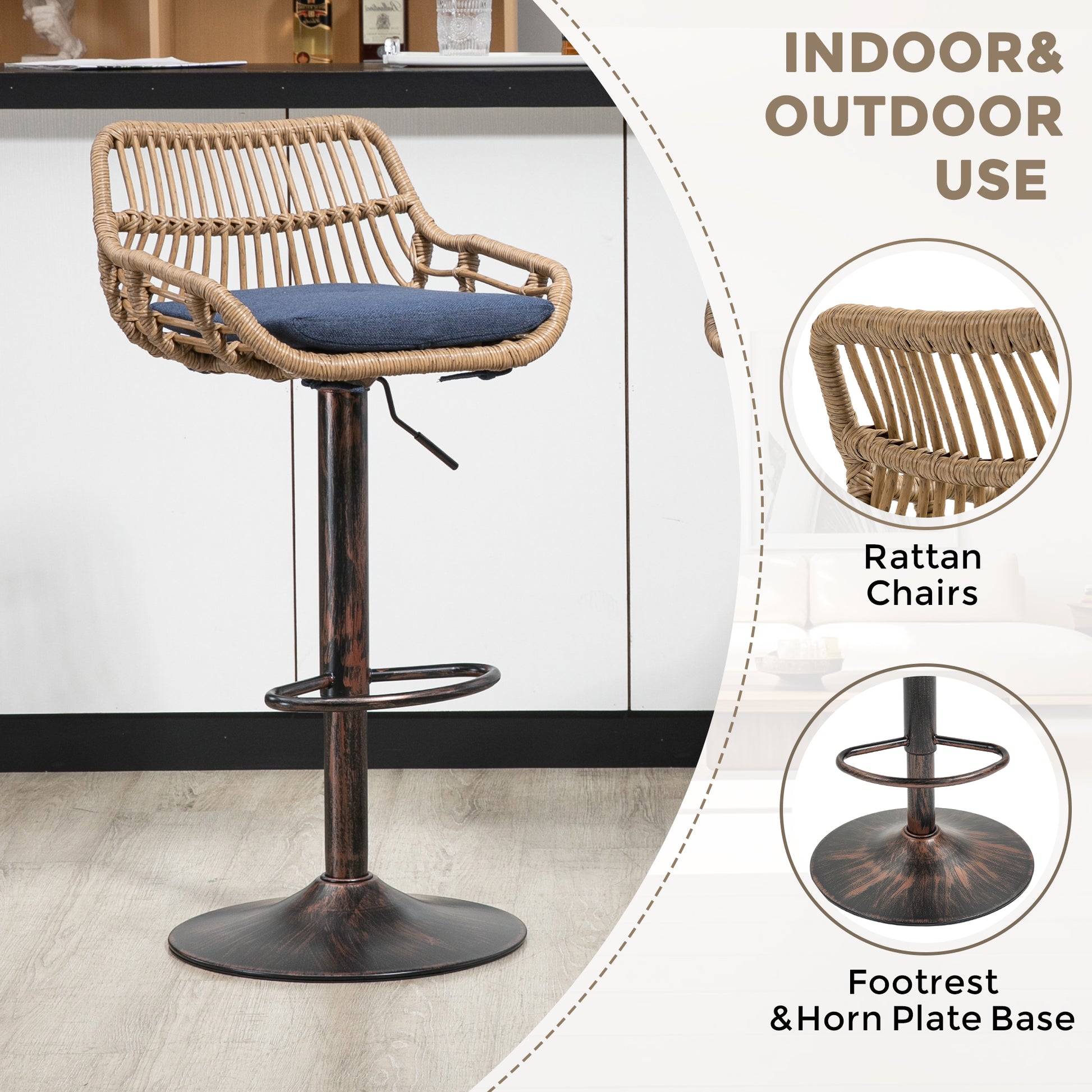 Natural woven rattan bar stool with blue cushion and bronze base