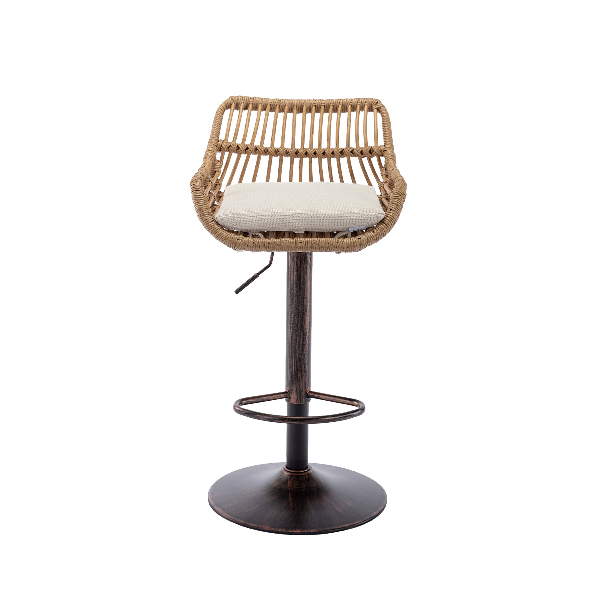 Woven rattan bar stool with adjustable height and cream cushion