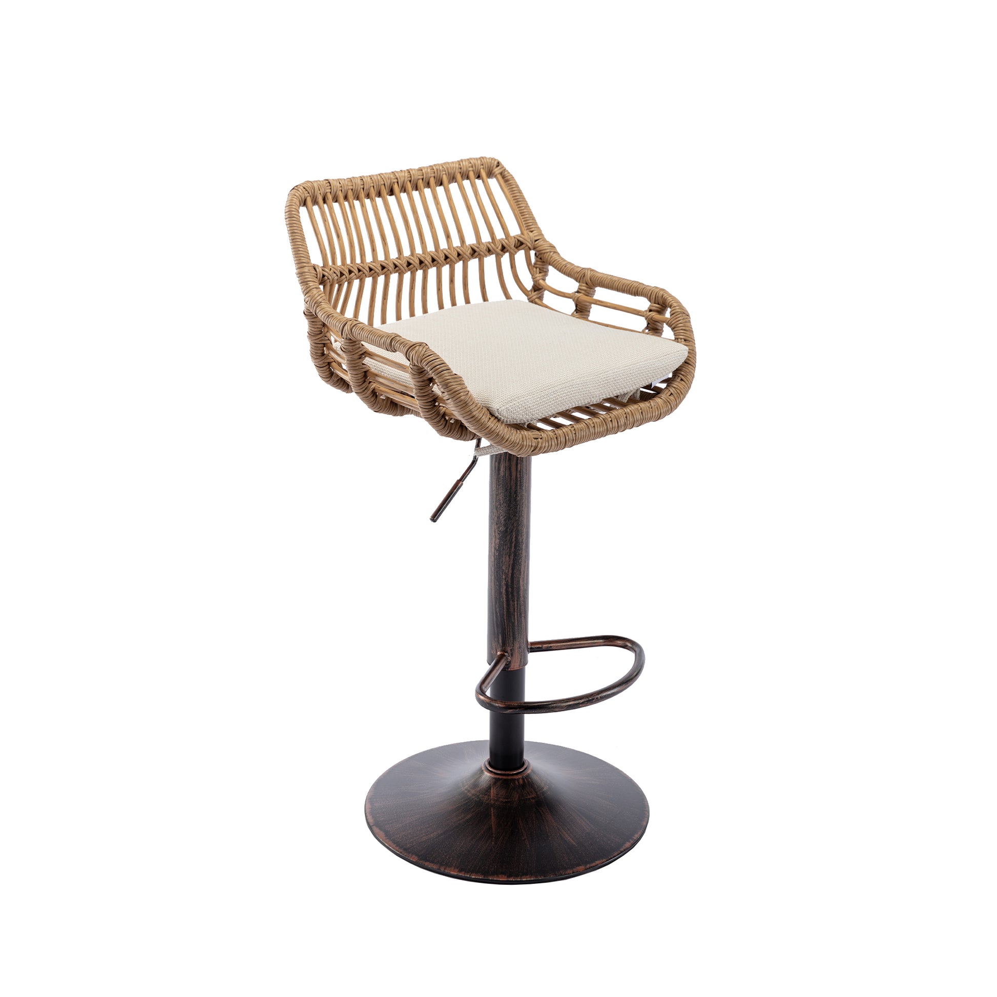 Natural rattan bar stool with a light cream seat cushion and adjustable bronze base