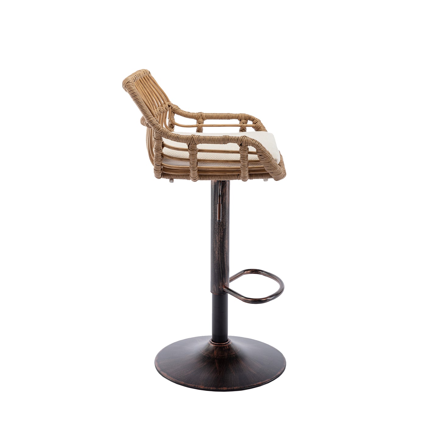 Wicker bar stool with cream cushion and adjustable height metal base