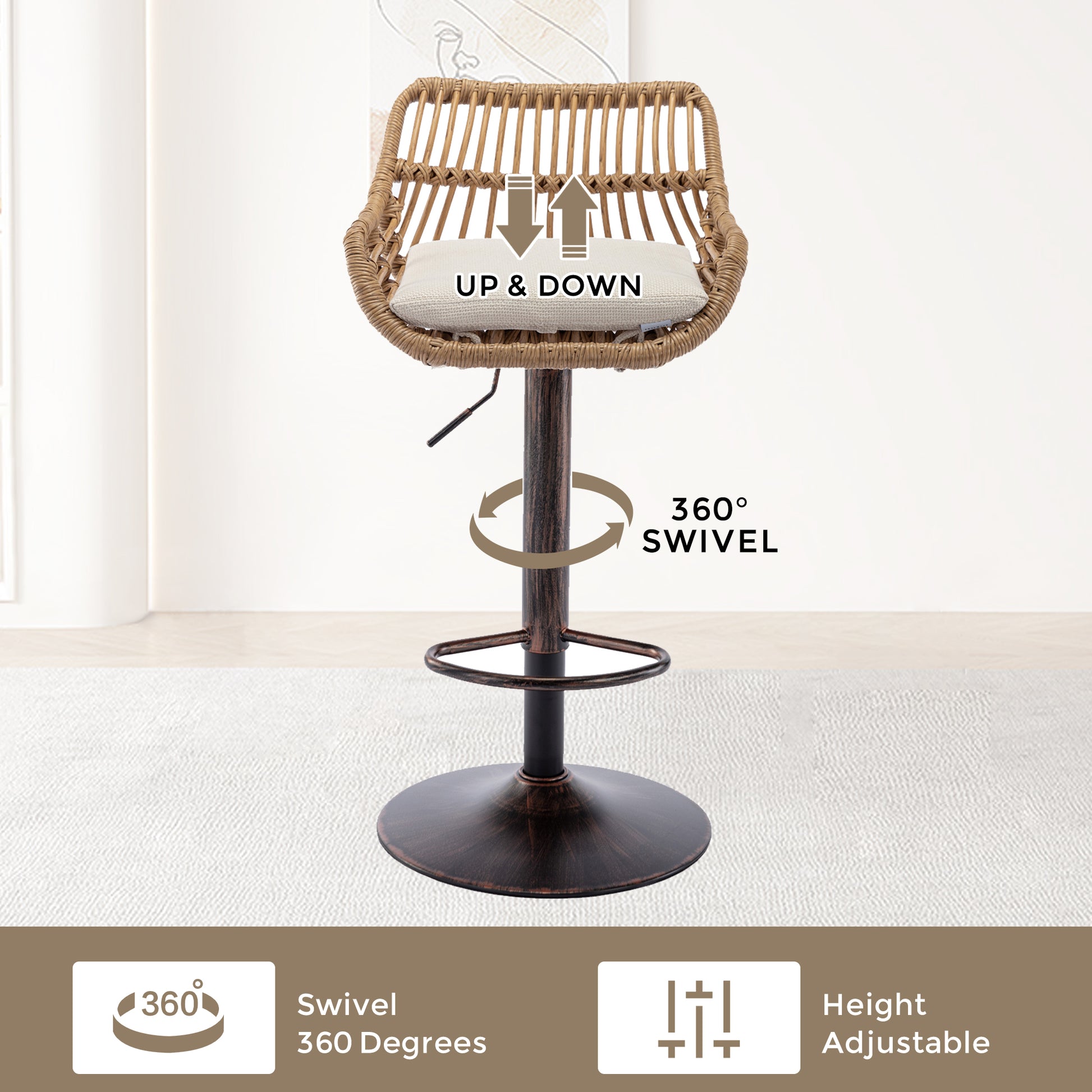 Woven rattan bar stool with cushioned seat bronze base and height adjustment