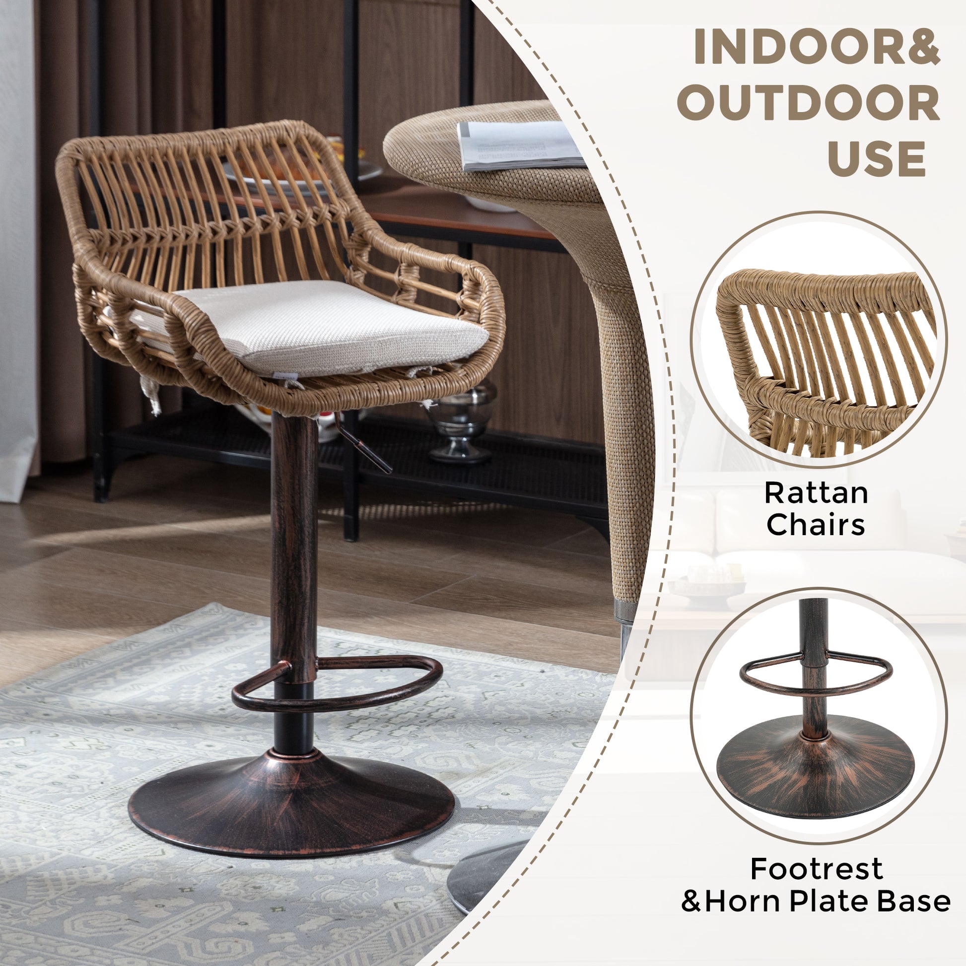 Adjustable wicker bar stool with a cushioned seat and bronze base perfect for kitchen counters
