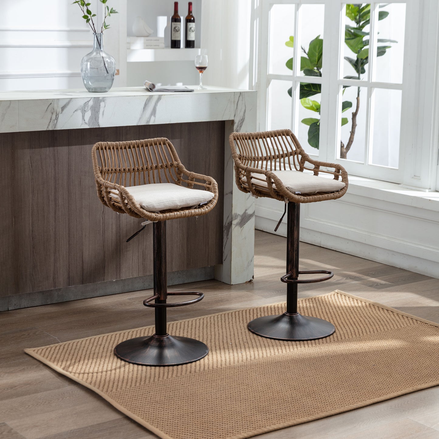 Natural rattan bar stool with cream cushion and dark metal base