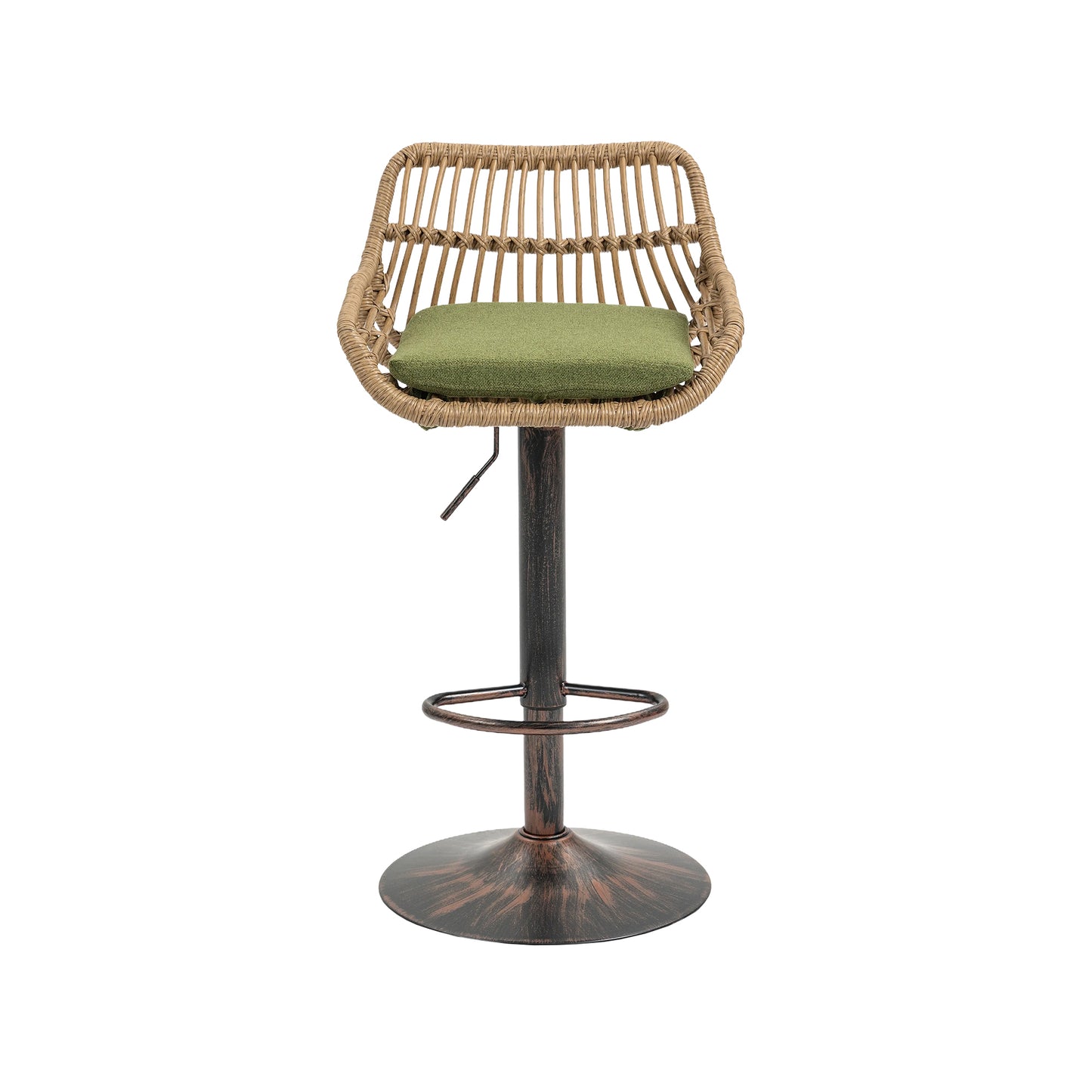 Rattan bar stool with green cushion and adjustable height pedestal base