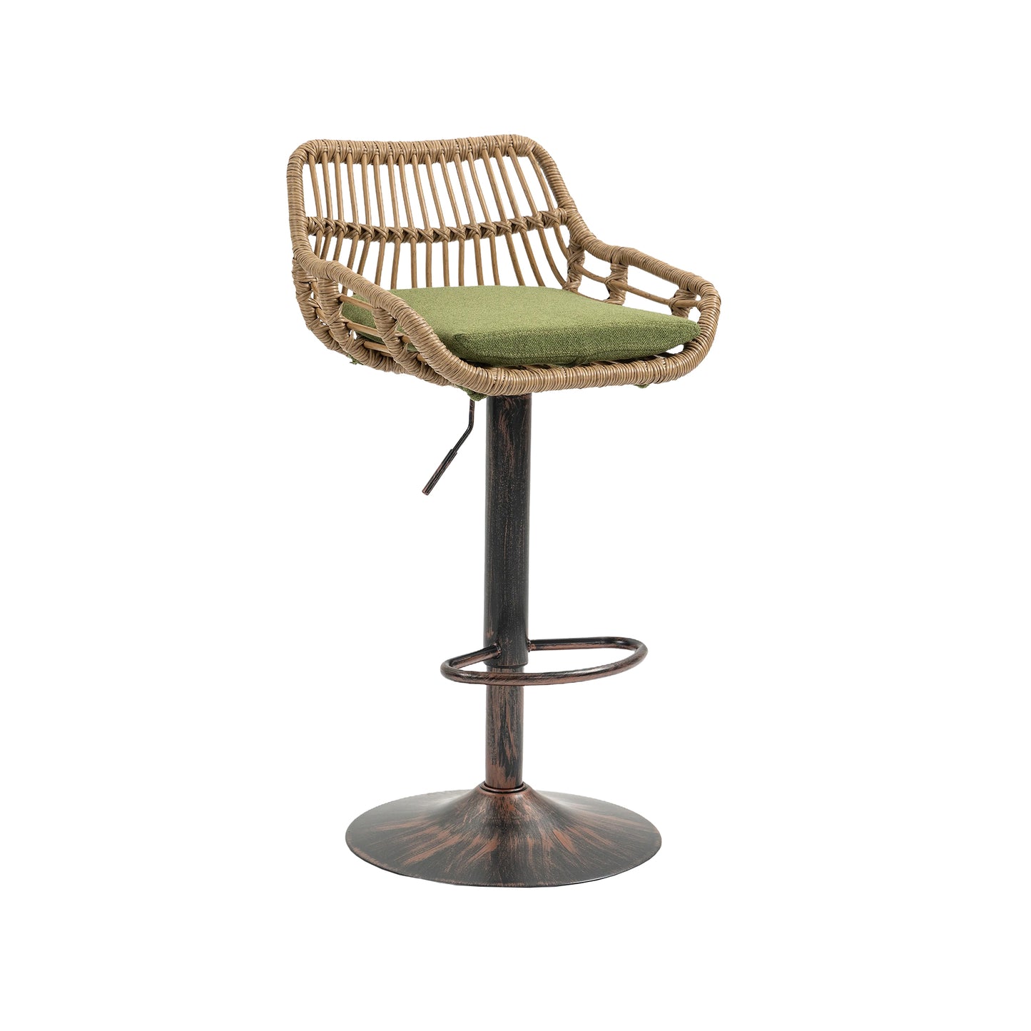 Adjustable wicker bar stool with green cushion and brushed metal base
