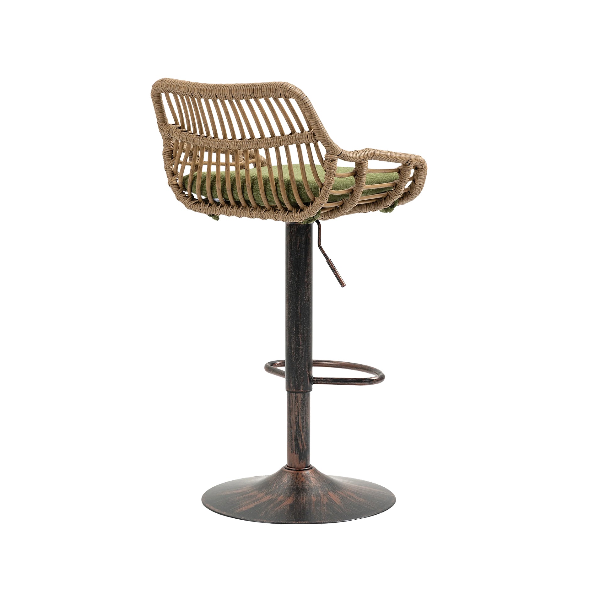 Wicker bar stool with green cushion and adjustable height metal base