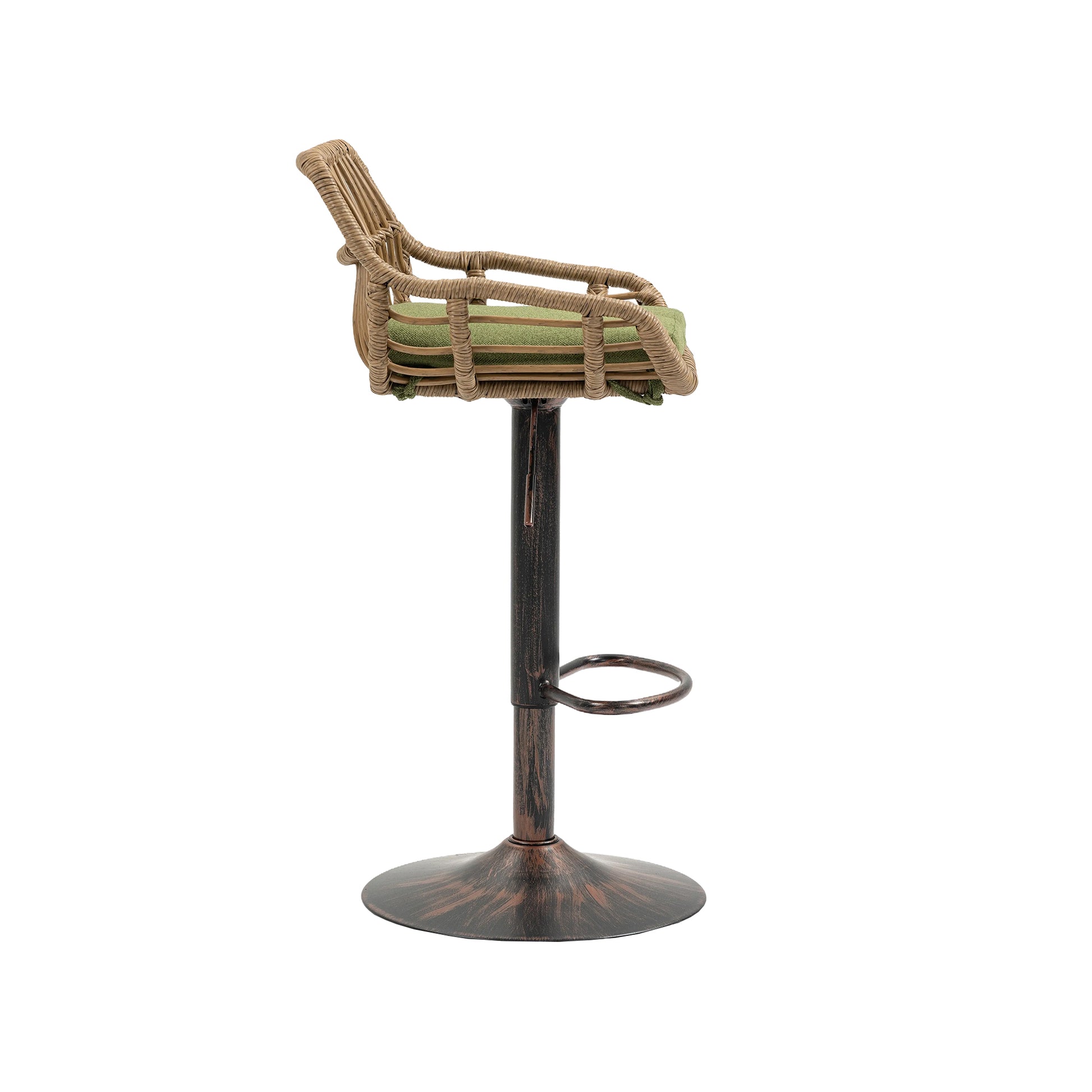 Woven rattan bar stool with a green seat cushion and adjustable height metal base