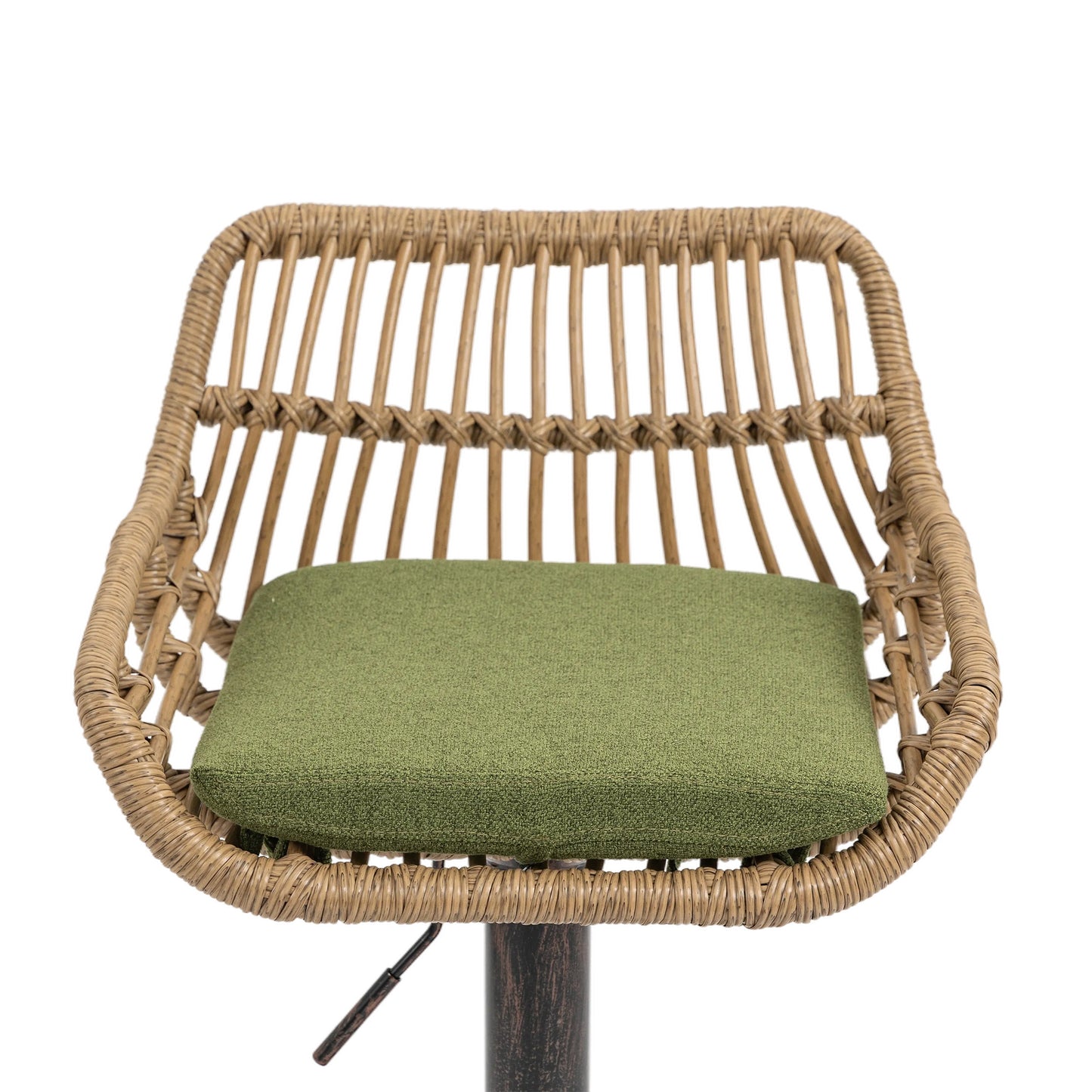 Woven rattan bar stool with a textured green seat cushion for kitchen counter seating