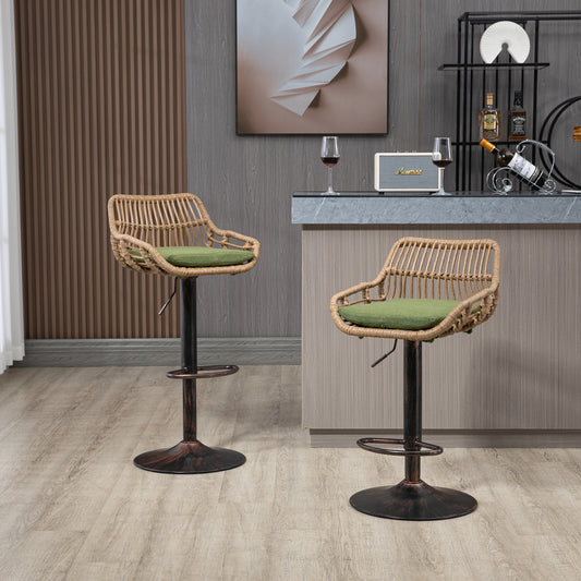 Natural rattan bar stool with a green cushion and adjustable height for kitchen island seating
