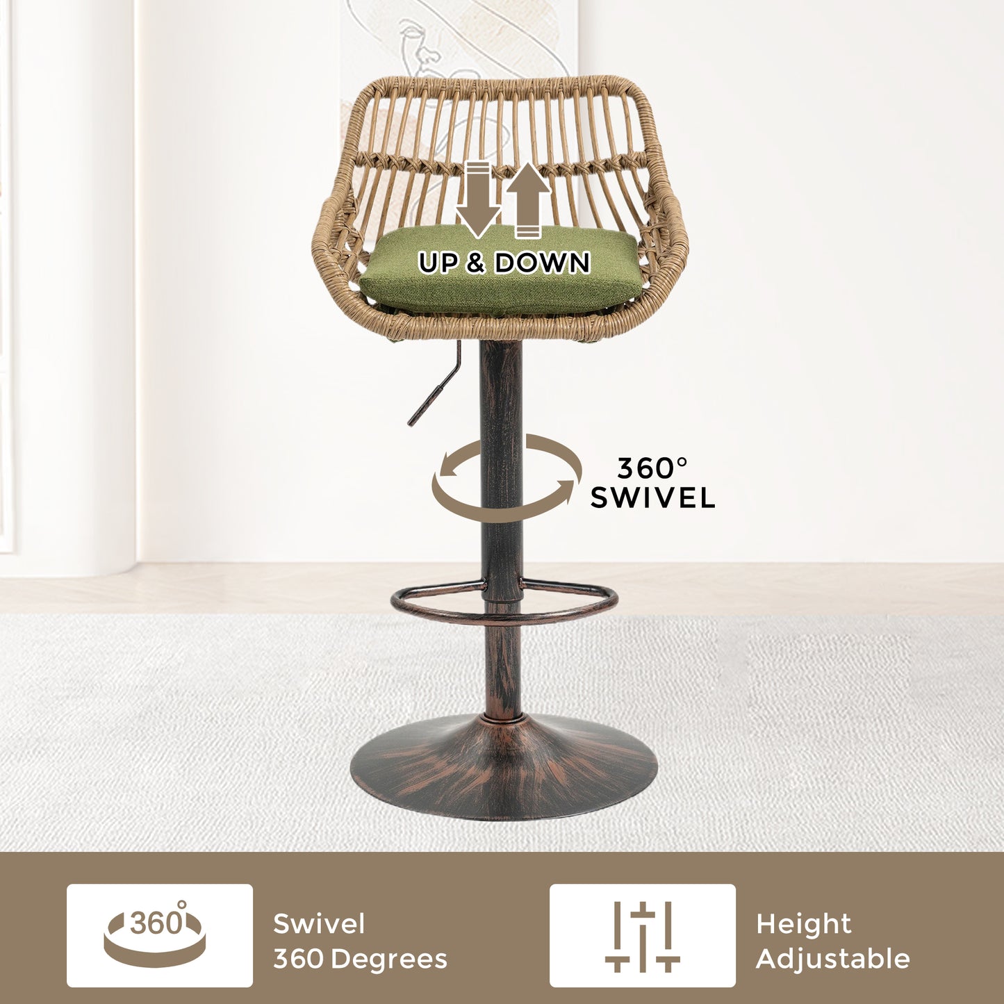 Natural rattan bar stool with green cushion adjustable height and  swivel