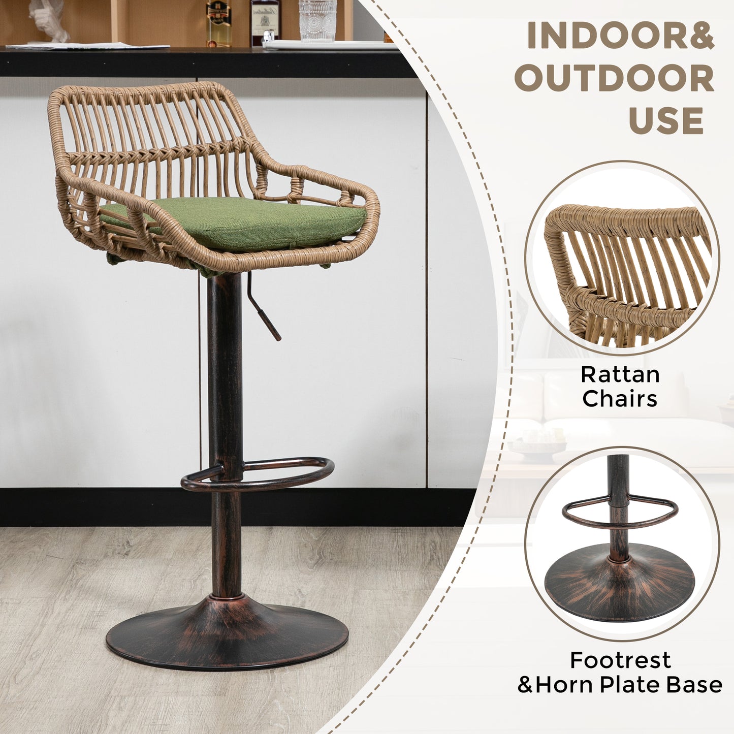 Adjustable height rattan bar stool with green cushion and bronze base