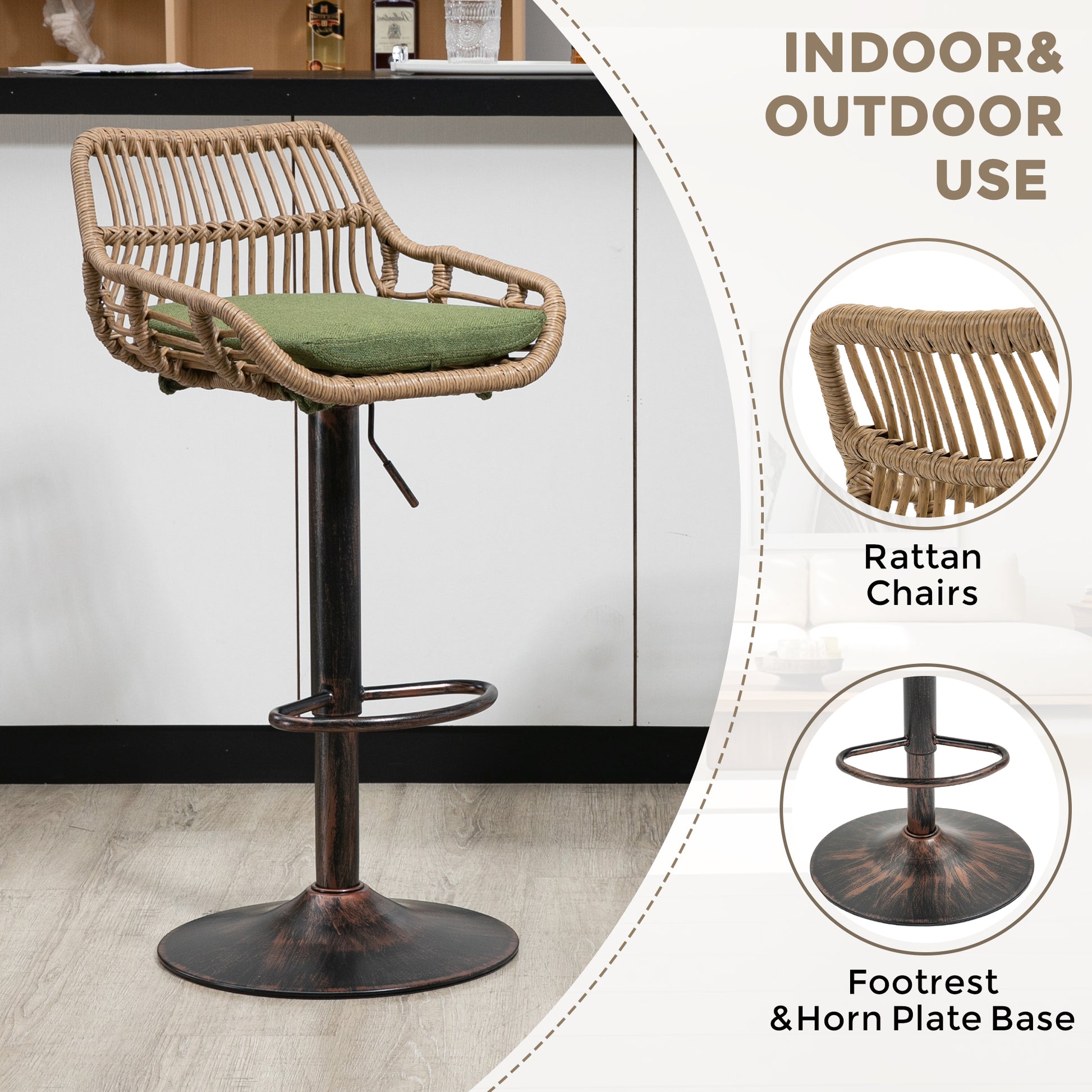 Adjustable height rattan bar stool with green cushion and bronze base