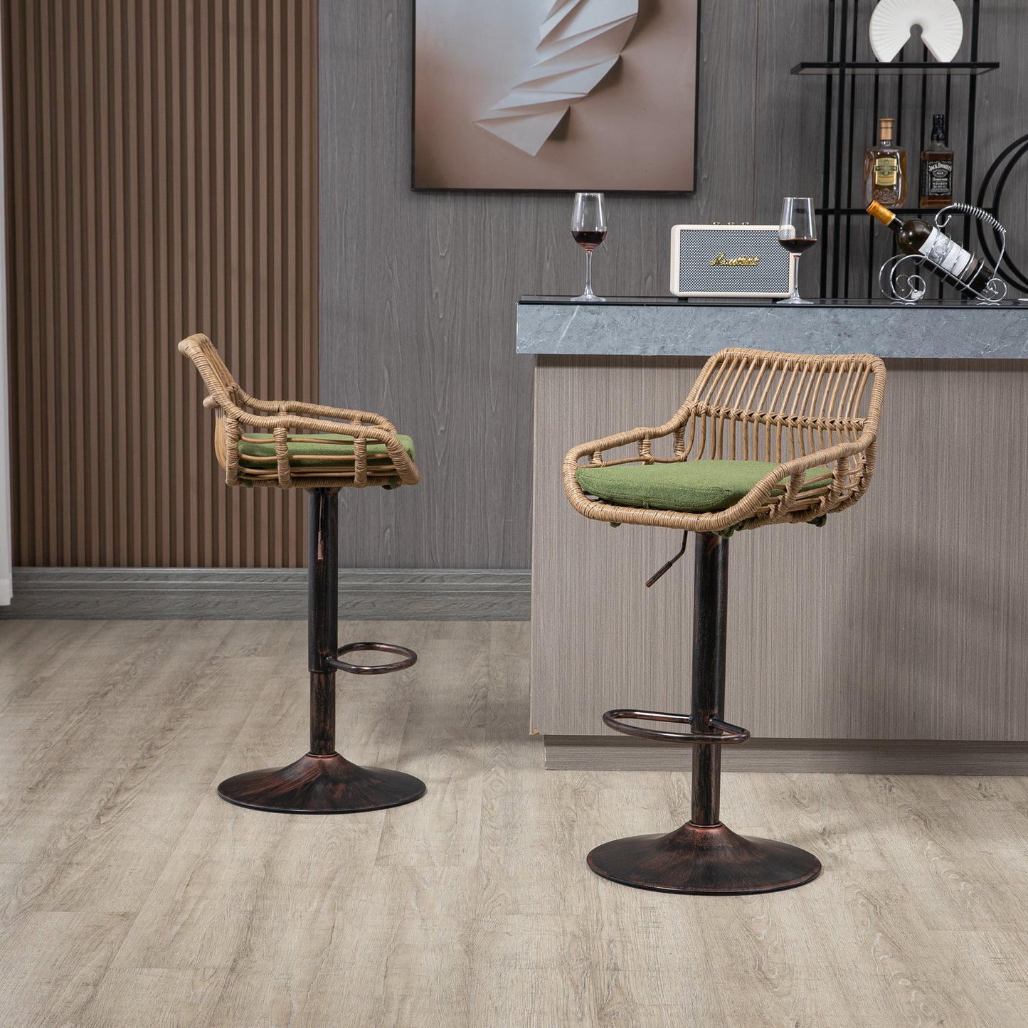 Rattan bar stool with green cushion and bronze adjustable base