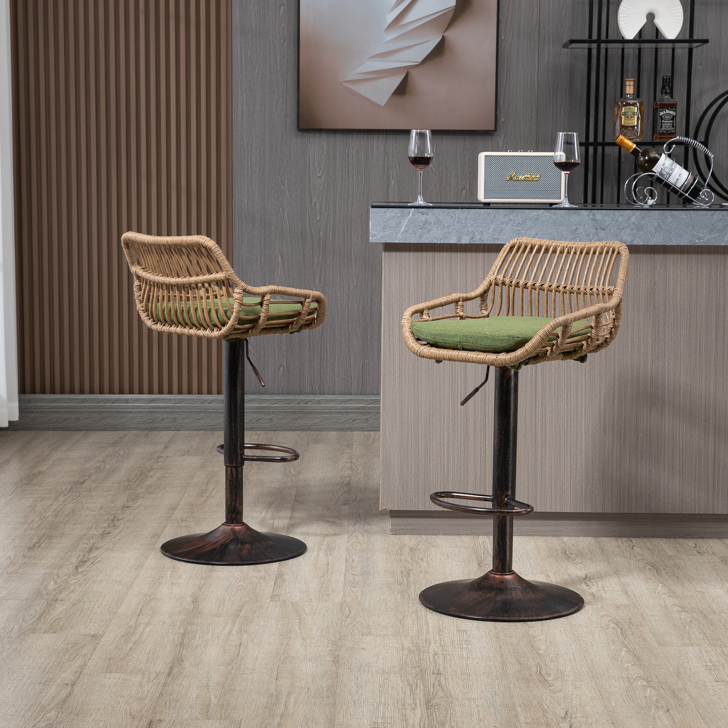 Woven rattan bar stool with adjustable height and green cushion perfect for kitchen island