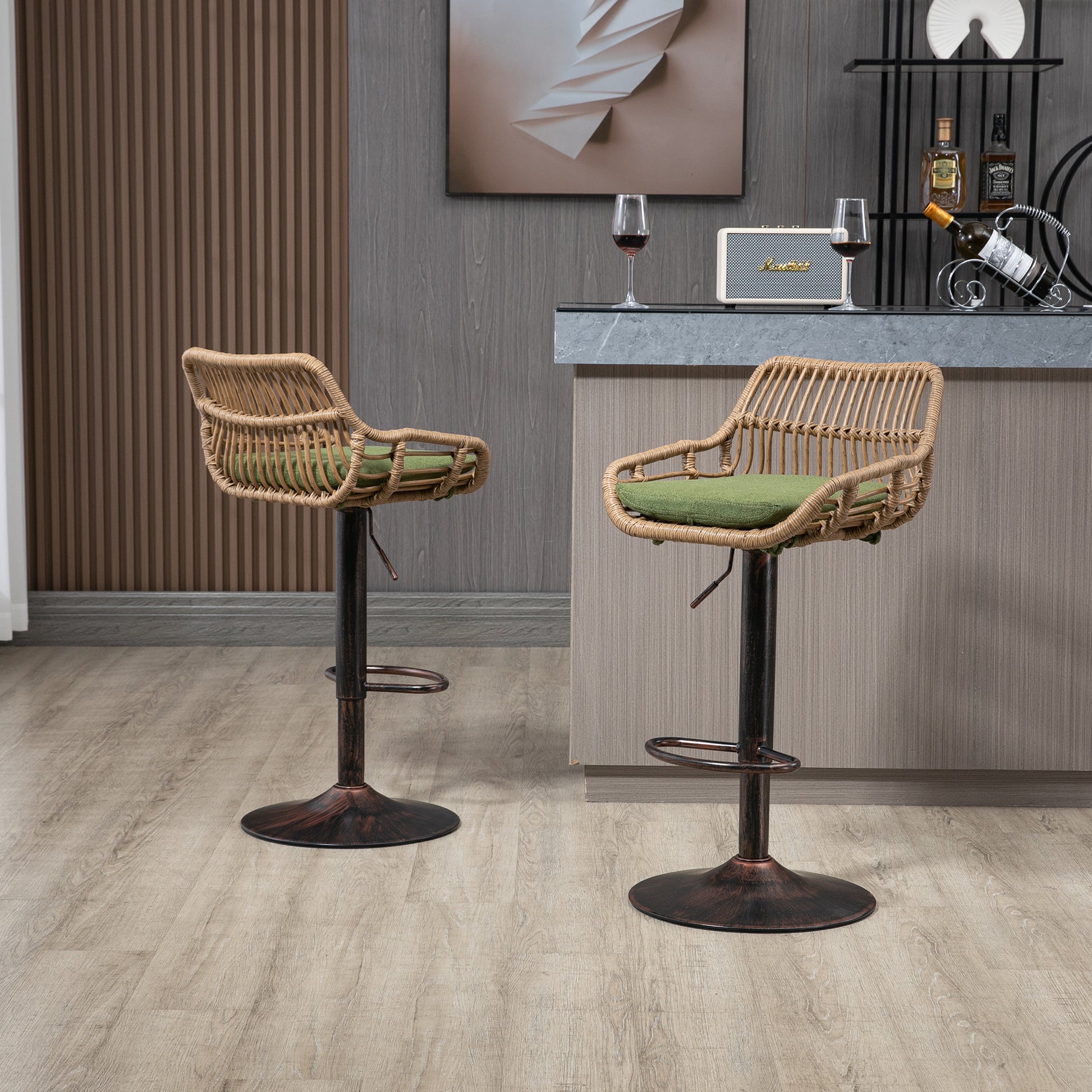 Woven rattan bar stool with adjustable height and green cushion perfect for kitchen island